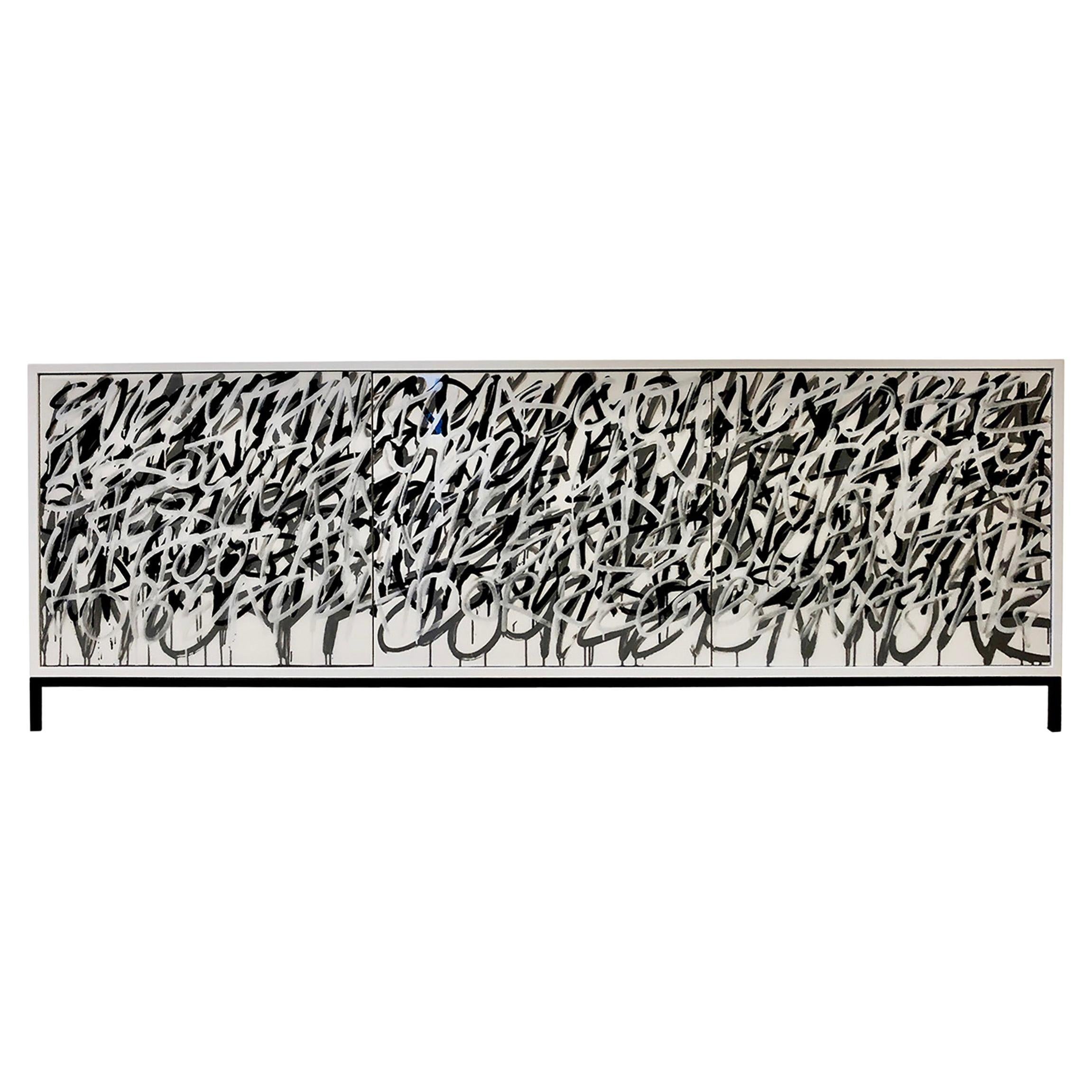 White Graffiti Credenza by Morgan Clayhall, mix media artwork on doors For Sale