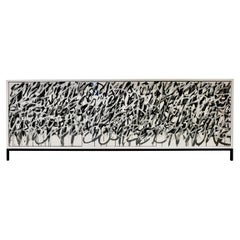 White Graffiti Credenza by Morgan Clayhall, mix media artwork on doors