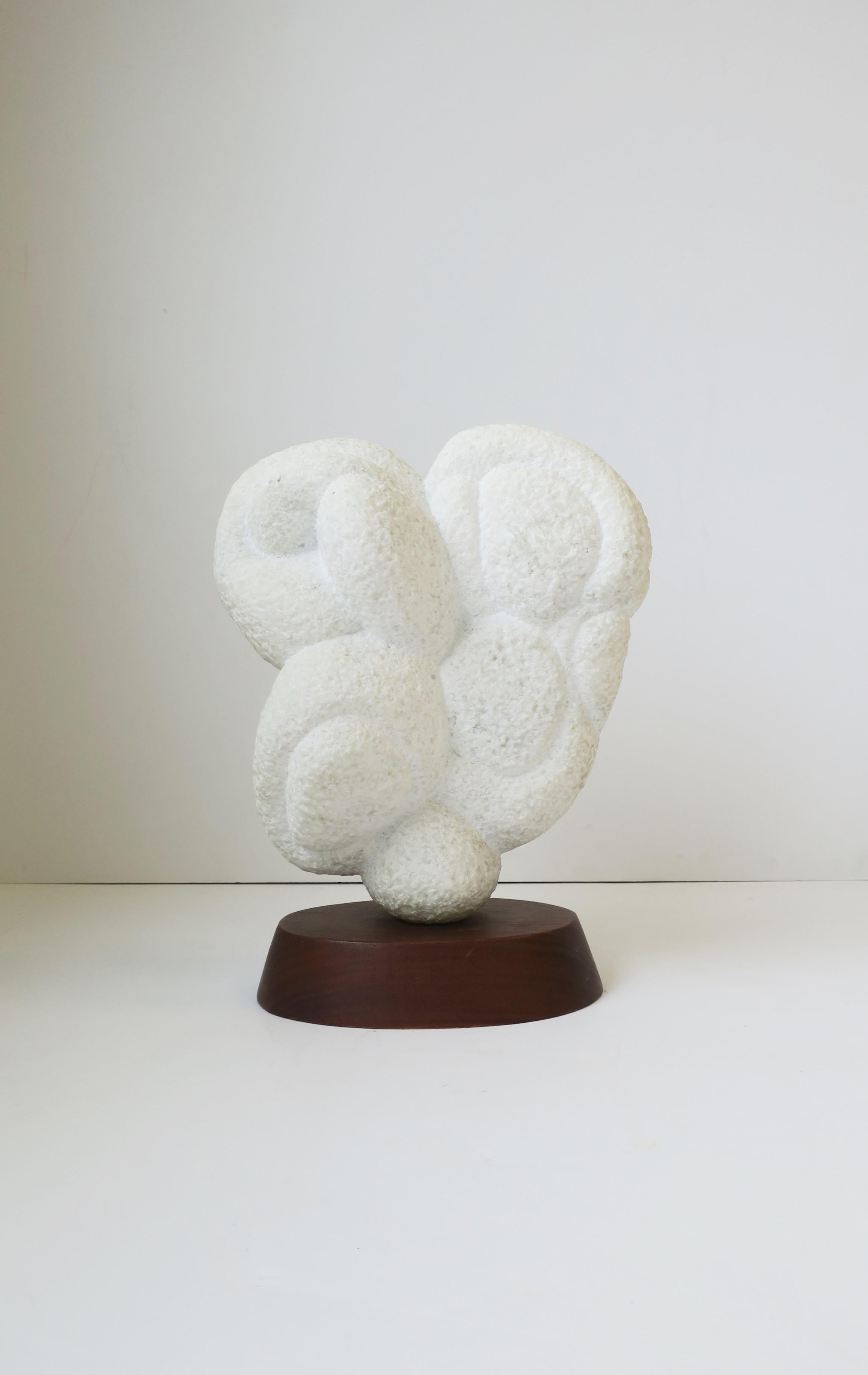 Carved White Granite Marble Abstract Sculpture on Wood Base
