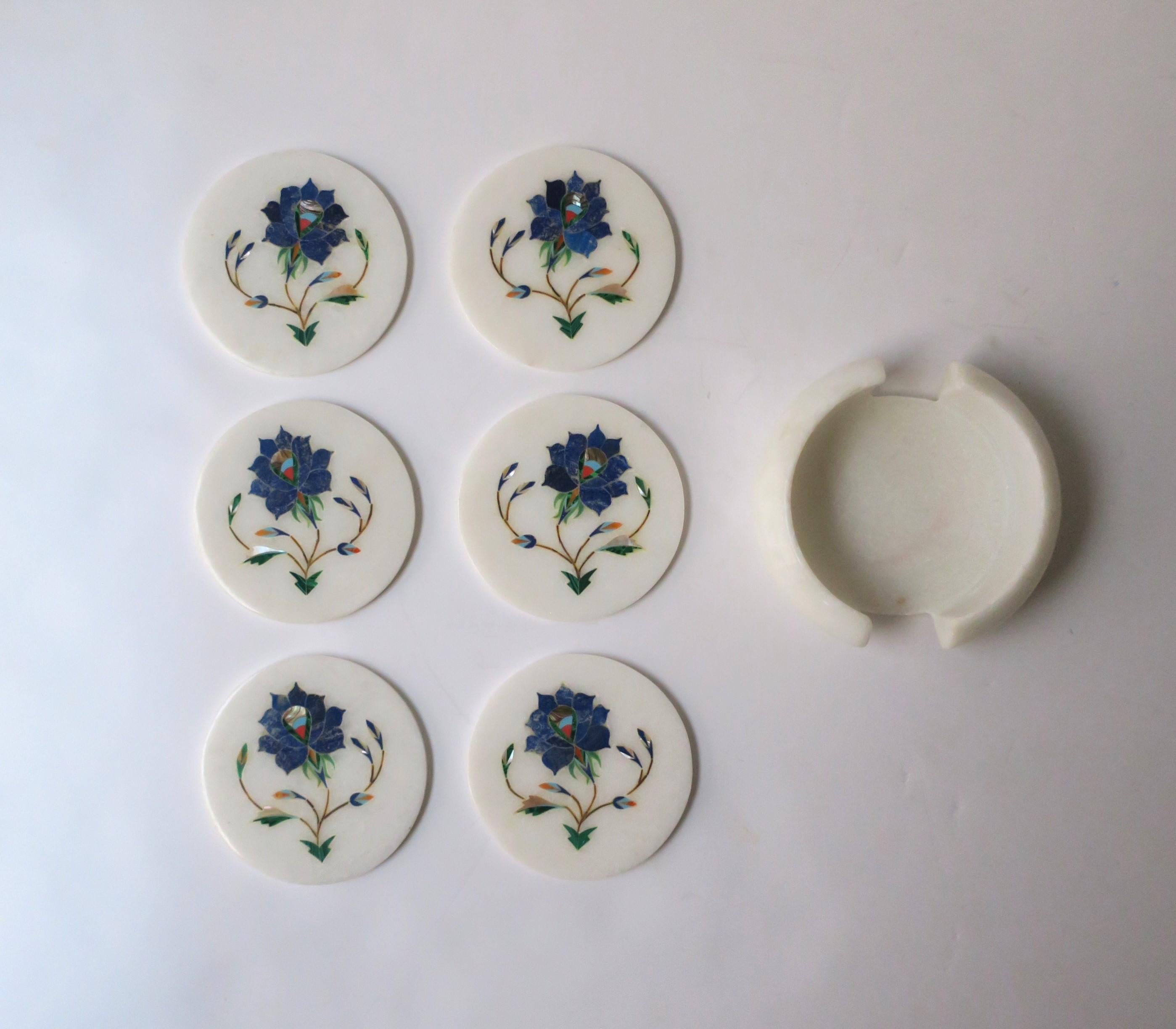Anglo Raj White Granite Marble and Blue Lapis Mosaic Coasters, Set of 6 For Sale