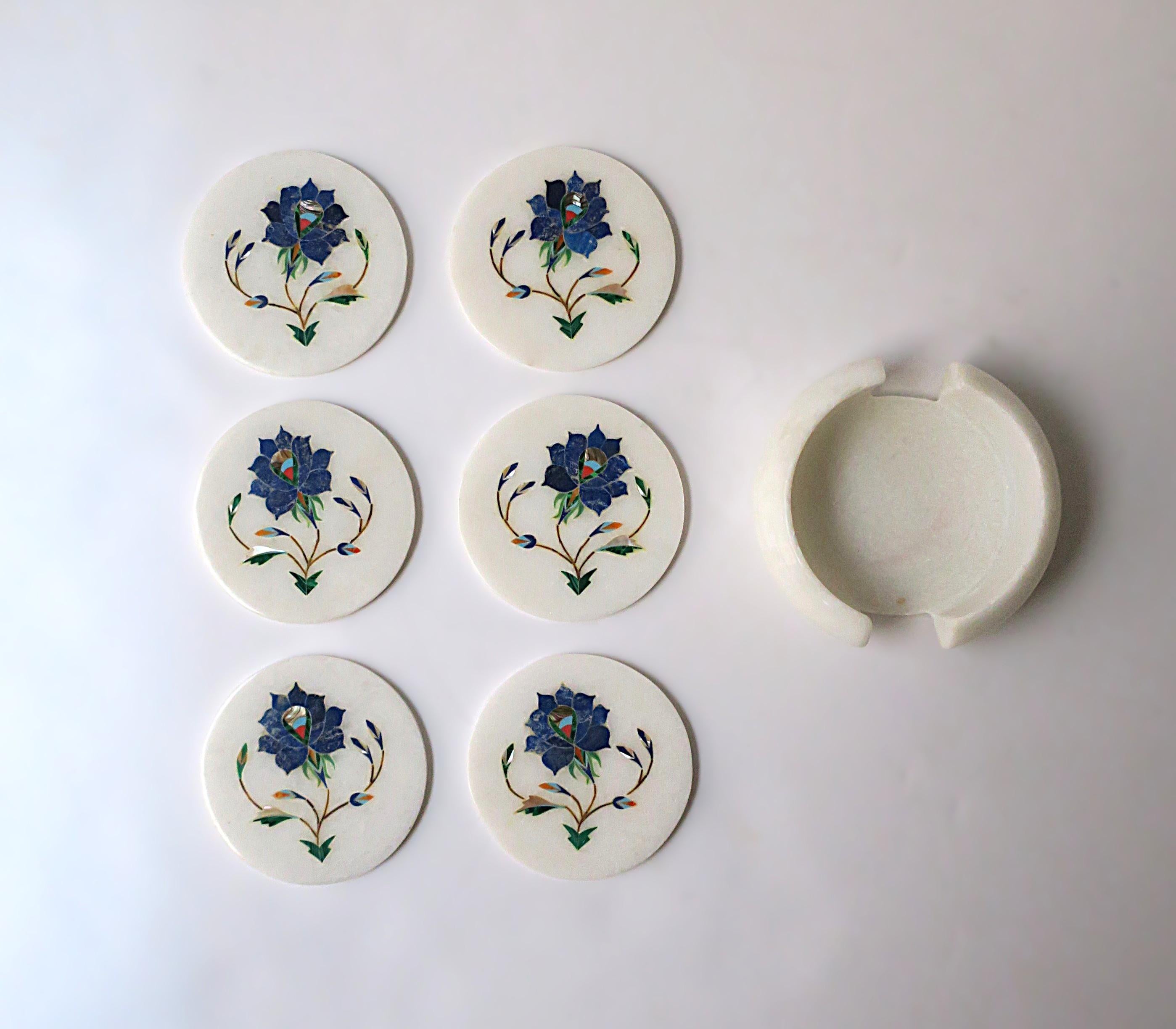 Anglo Raj White Granite Marble and Blue Lapis Mosaic Coasters, Set of 6