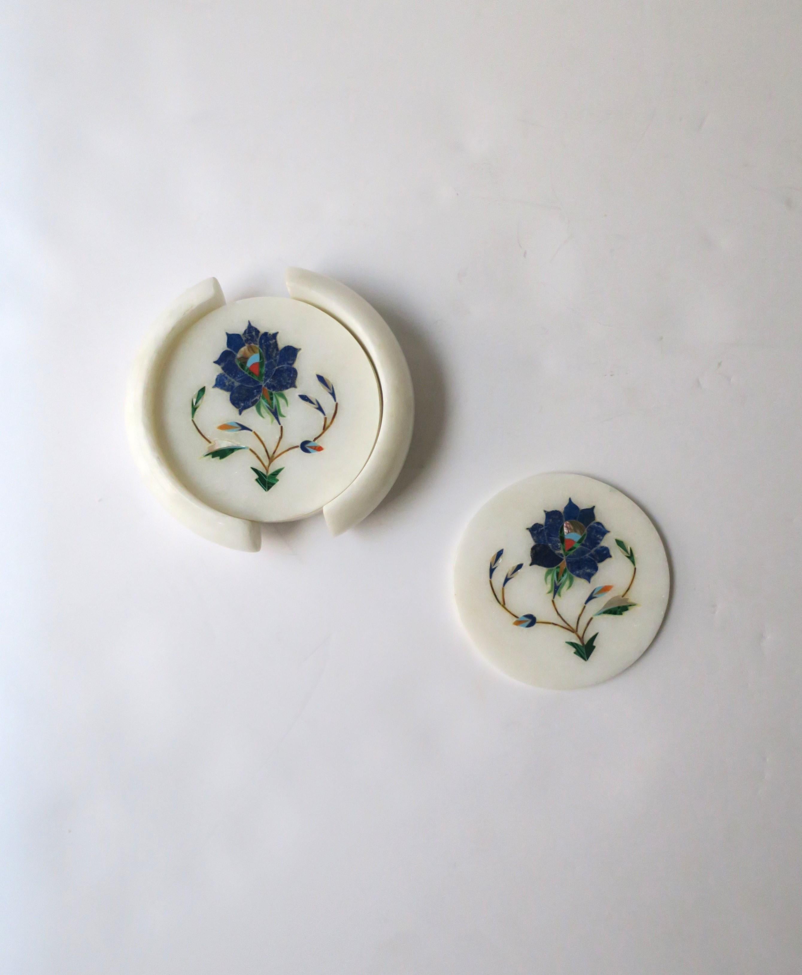 20th Century White Granite Marble and Blue Lapis Mosaic Coasters, Set of 6 For Sale
