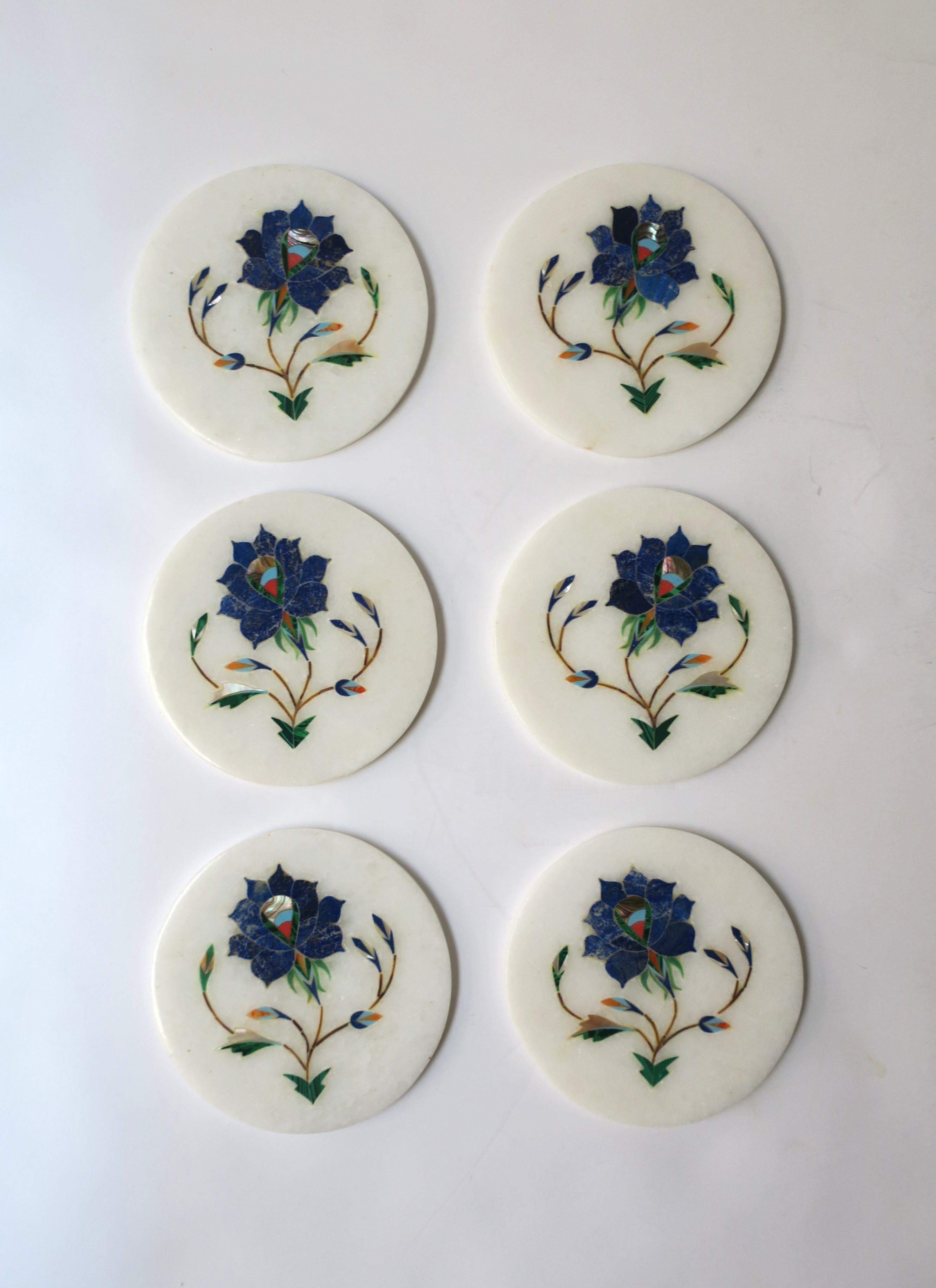 Lapis Lazuli White Granite Marble and Blue Lapis Mosaic Coasters, Set of 6 For Sale