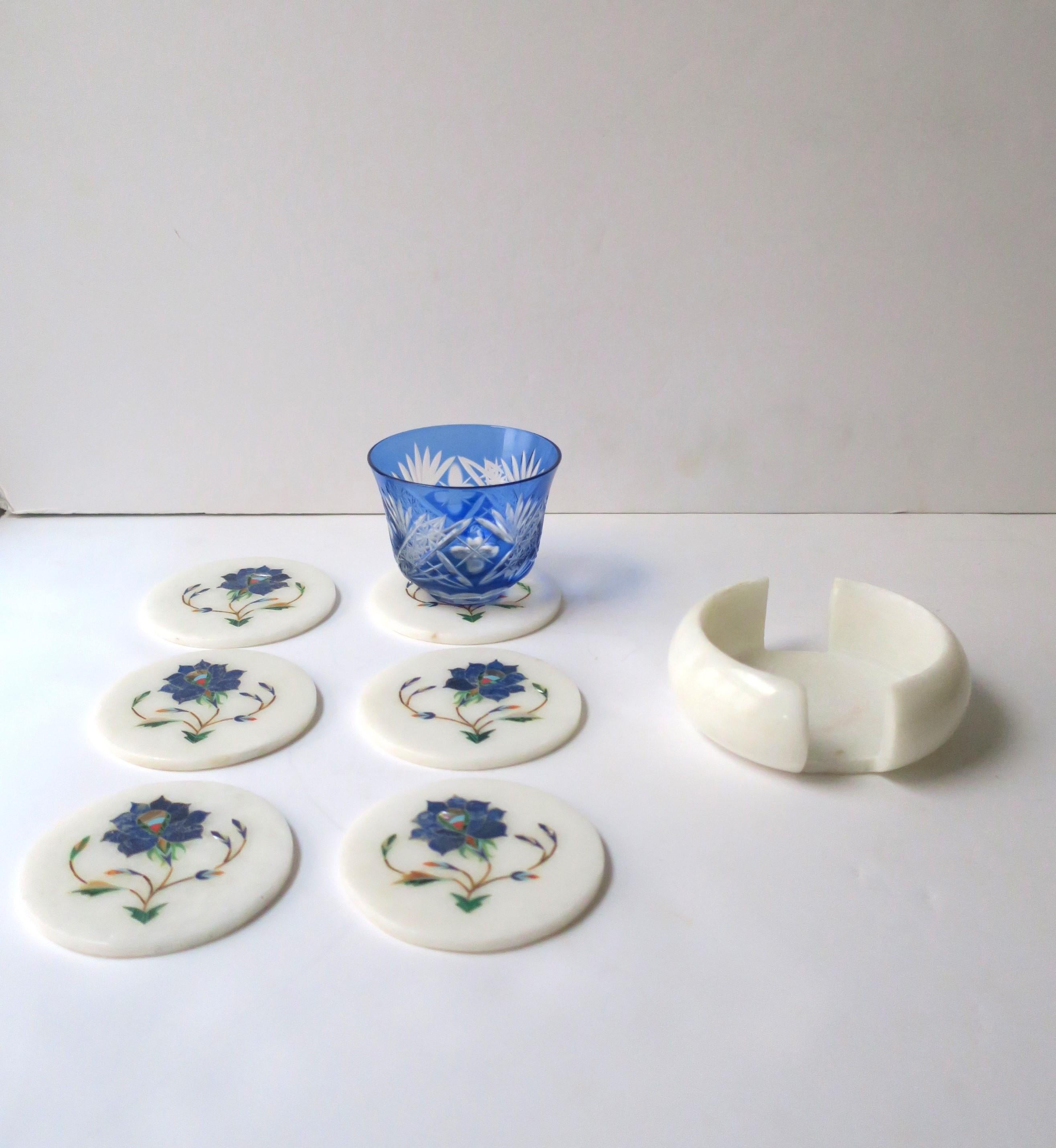 White Granite Marble and Blue Lapis Mosaic Coasters, Set of 6 For Sale 1