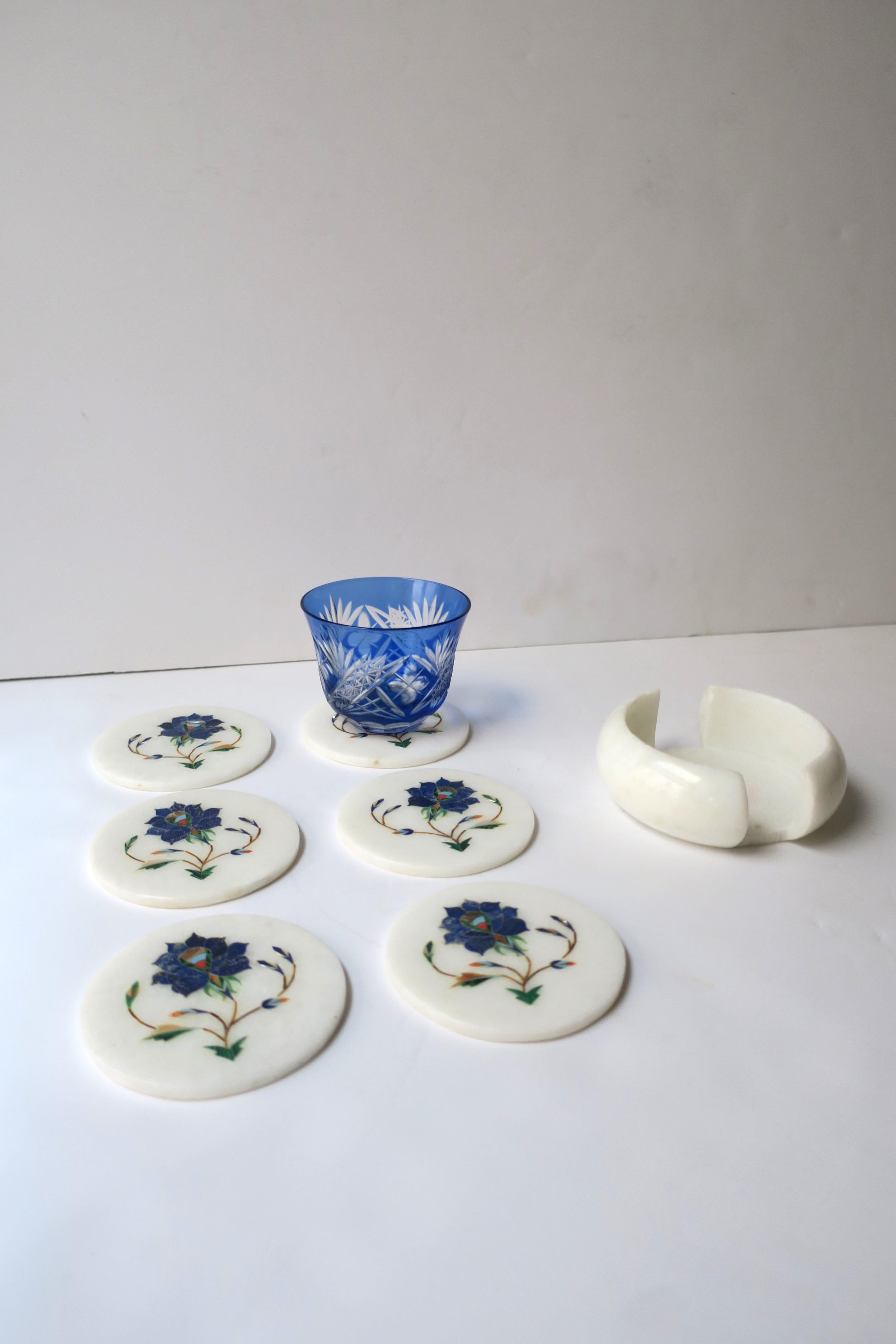 White Granite Marble and Blue Lapis Mosaic Coasters, Set of 6 For Sale 2