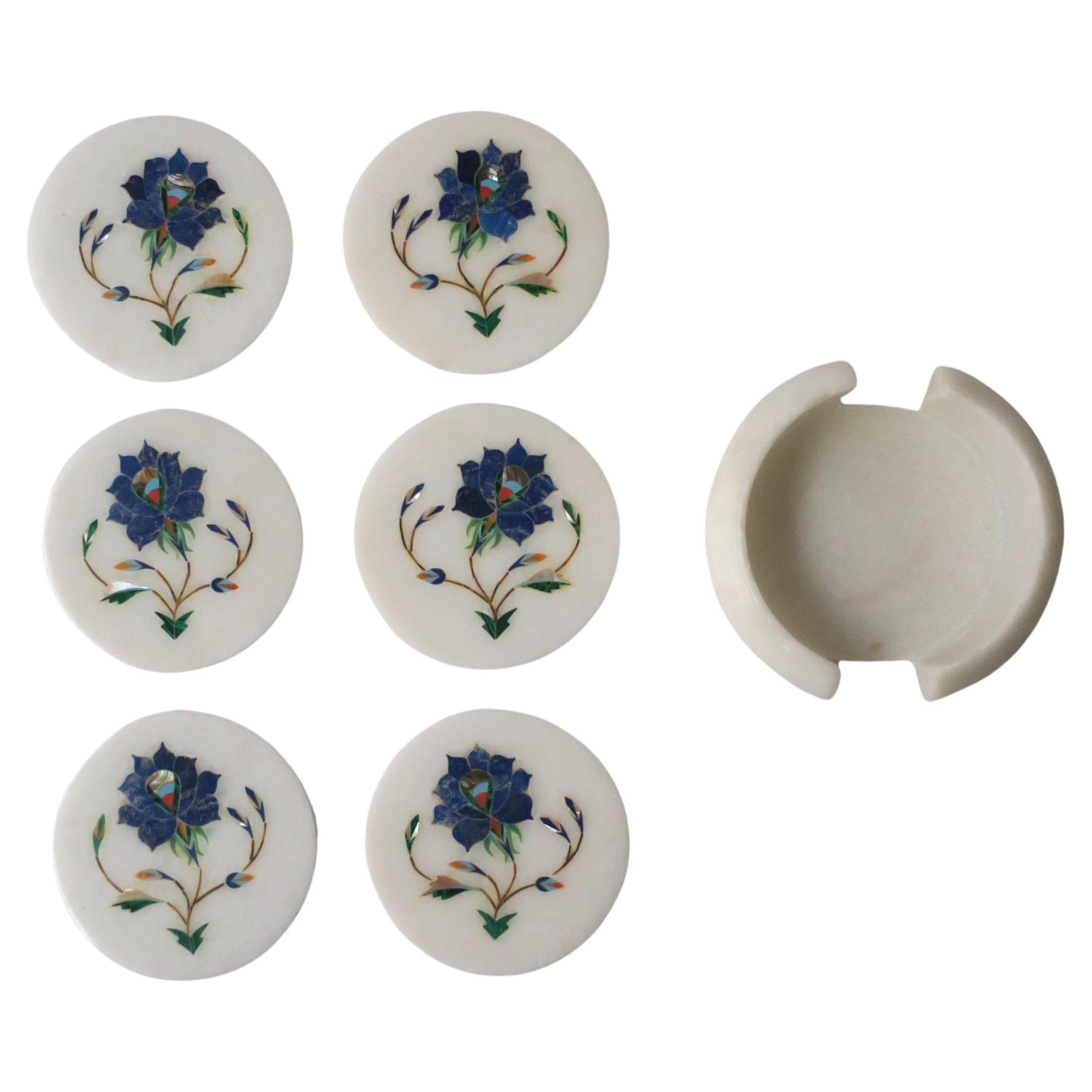 White Granite Marble and Blue Lapis Mosaic Coasters, Set of 6 For Sale