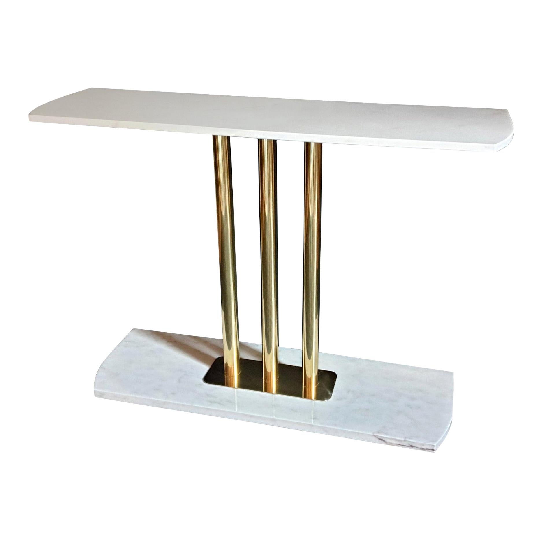 White and Gray Carrara Marble and Brass Mid-Century Modern Console Table, Italy