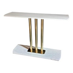 White and Gray Carrara Marble and Brass Mid-Century Modern Console Table, Italy