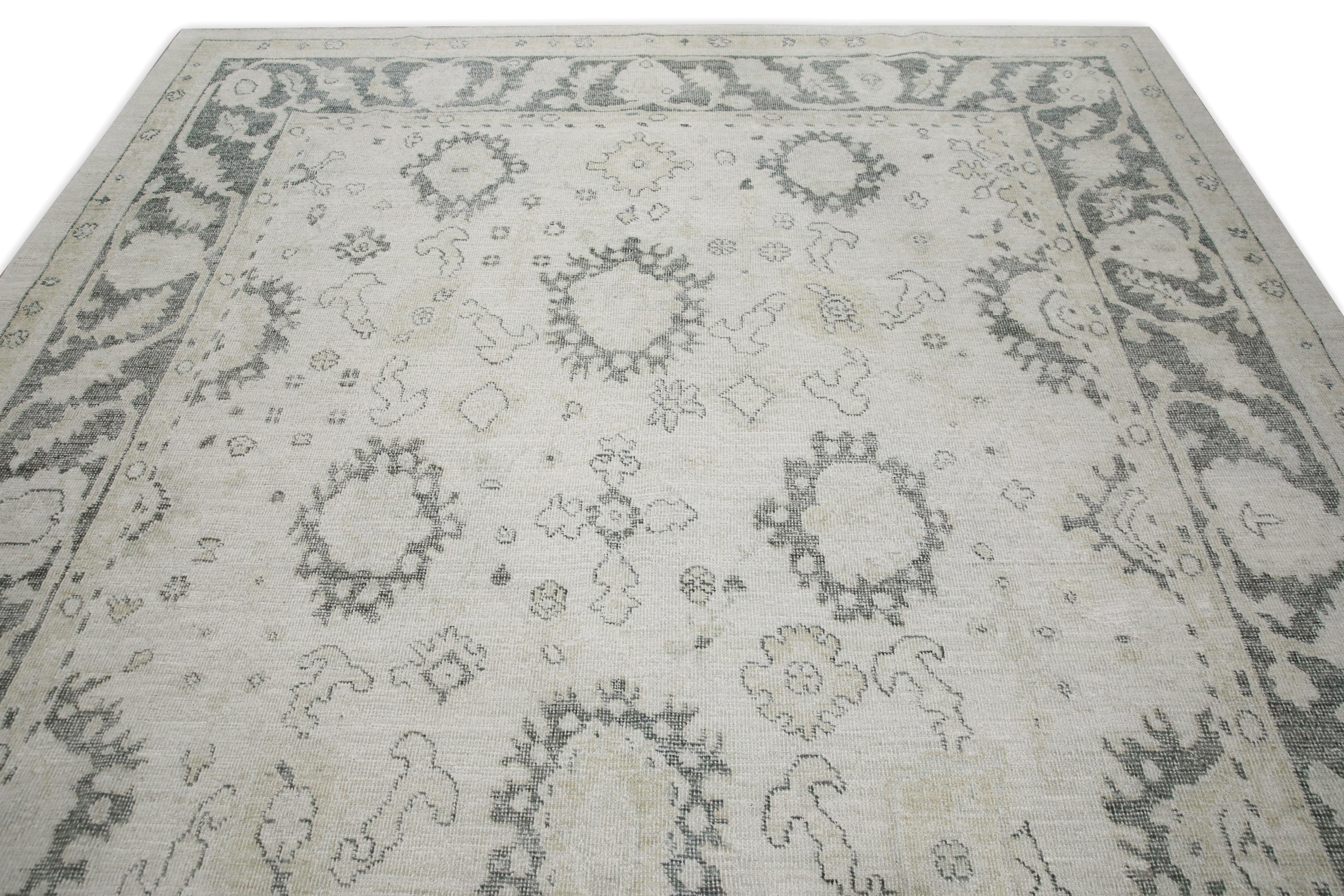 White & Gray Floral Design Handwoven Wool Turkish Oushak Rug 9'4