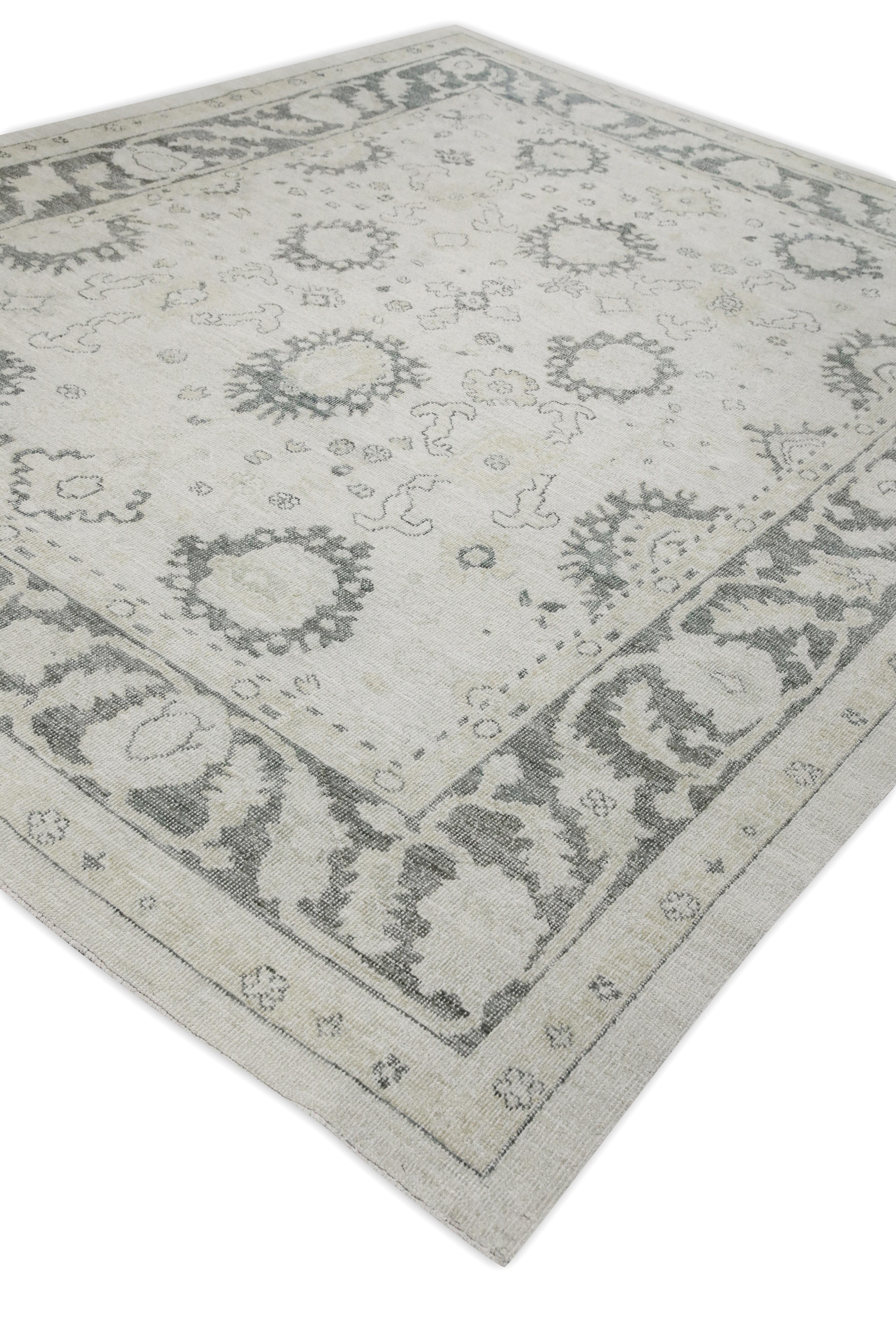 Contemporary White & Gray Floral Design Handwoven Wool Turkish Oushak Rug 9'4