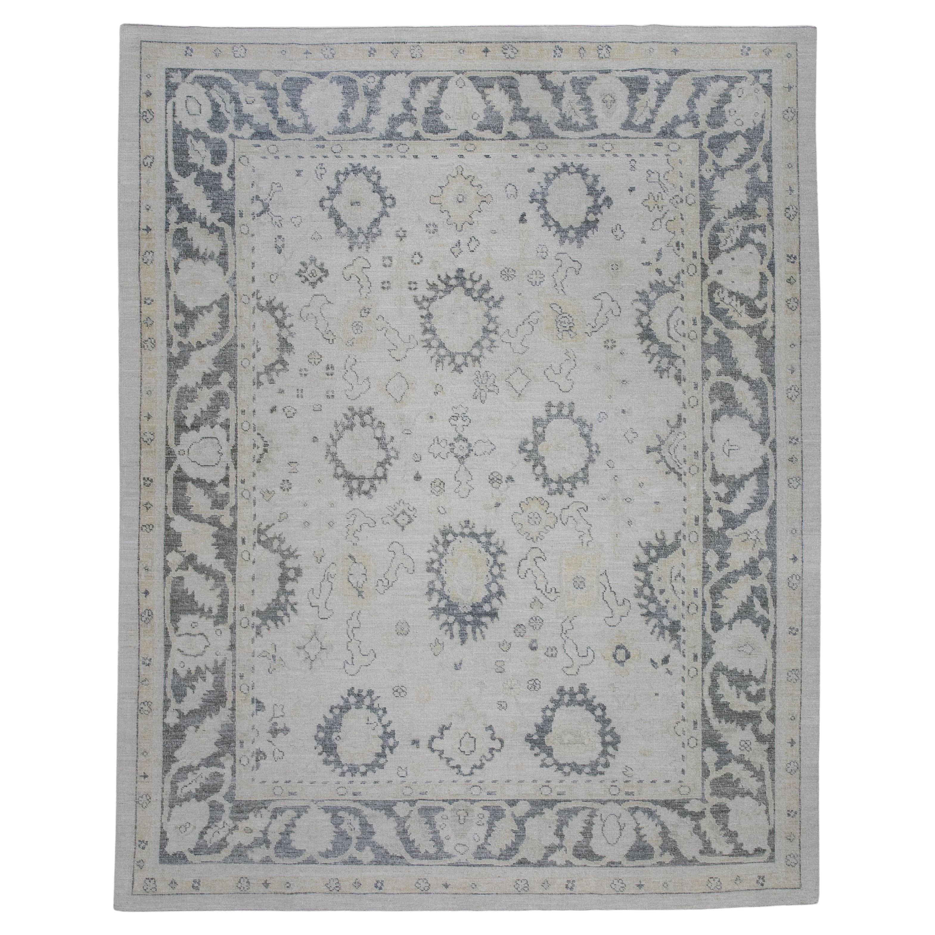 White & Gray Floral Design Handwoven Wool Turkish Oushak Rug 9'4" X 12' For Sale