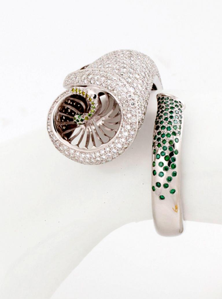 Contemporary White Green and Yellow Diamond Calla Lily Bangle Bracelet by John Landrum Bryant For Sale