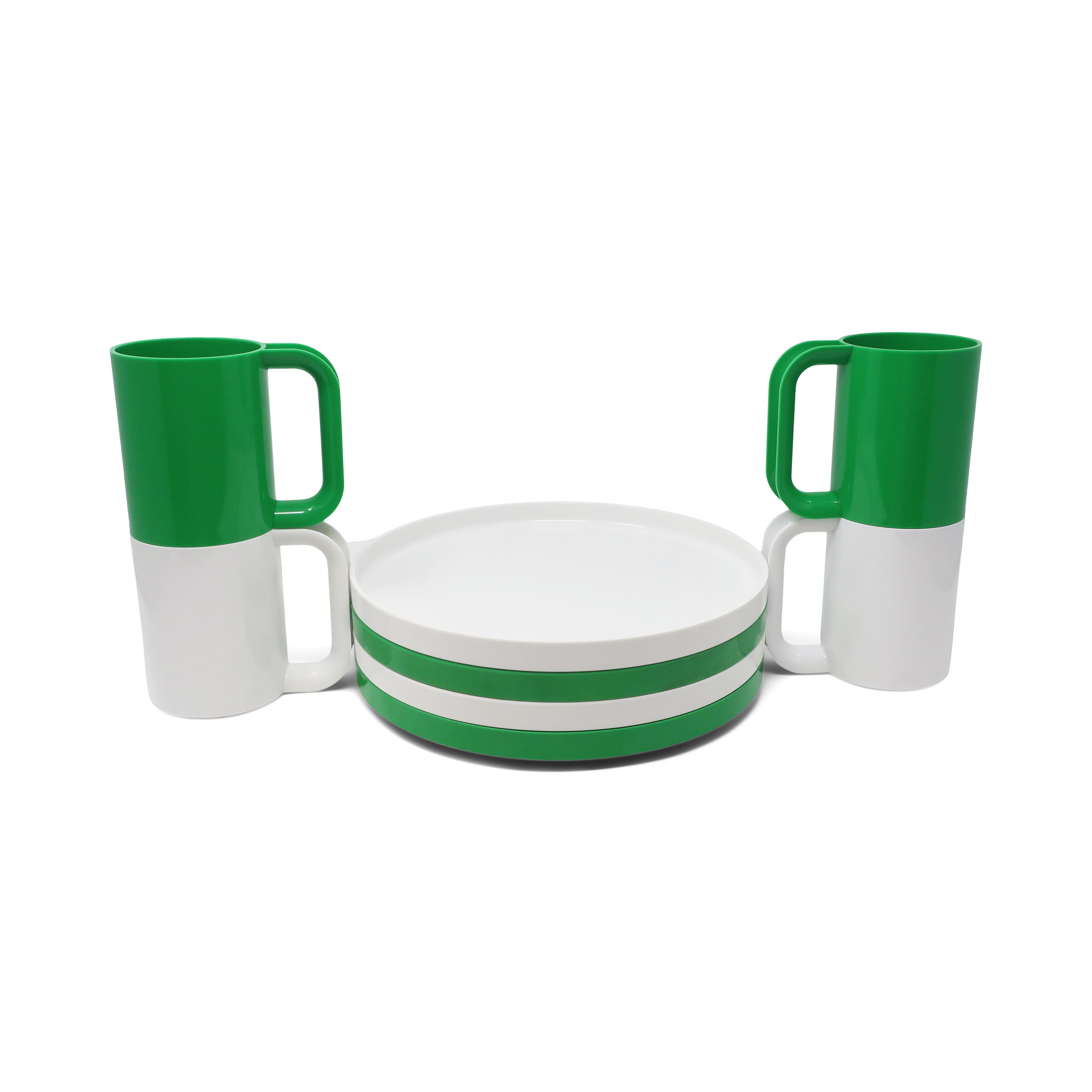 Mid-Century Modern White & Green Dinnerware by Vignelli for Heller, Set of 8