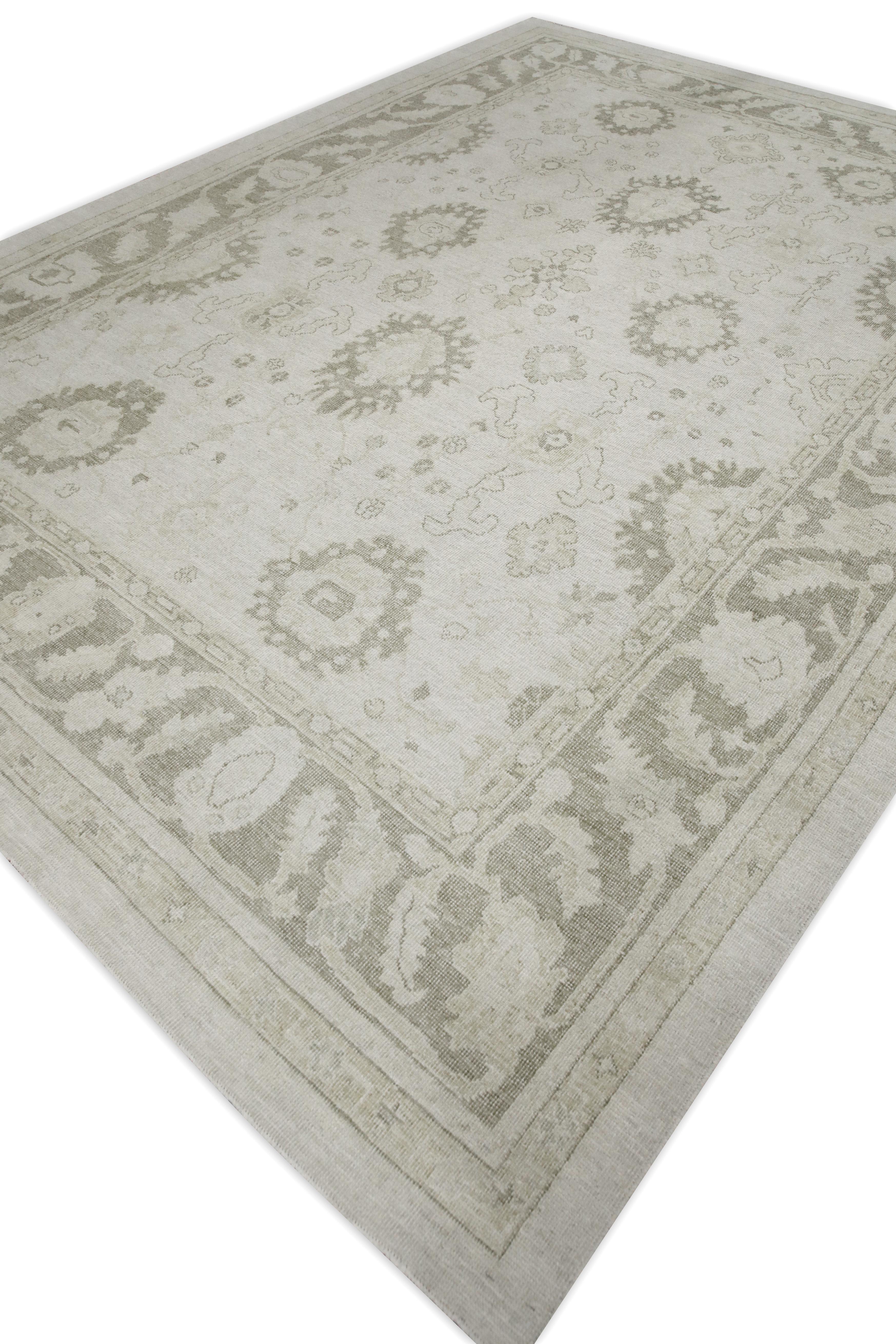 Contemporary White & Green Floral Design Handwoven Wool Turkish Oushak Rug 10' X 13'4