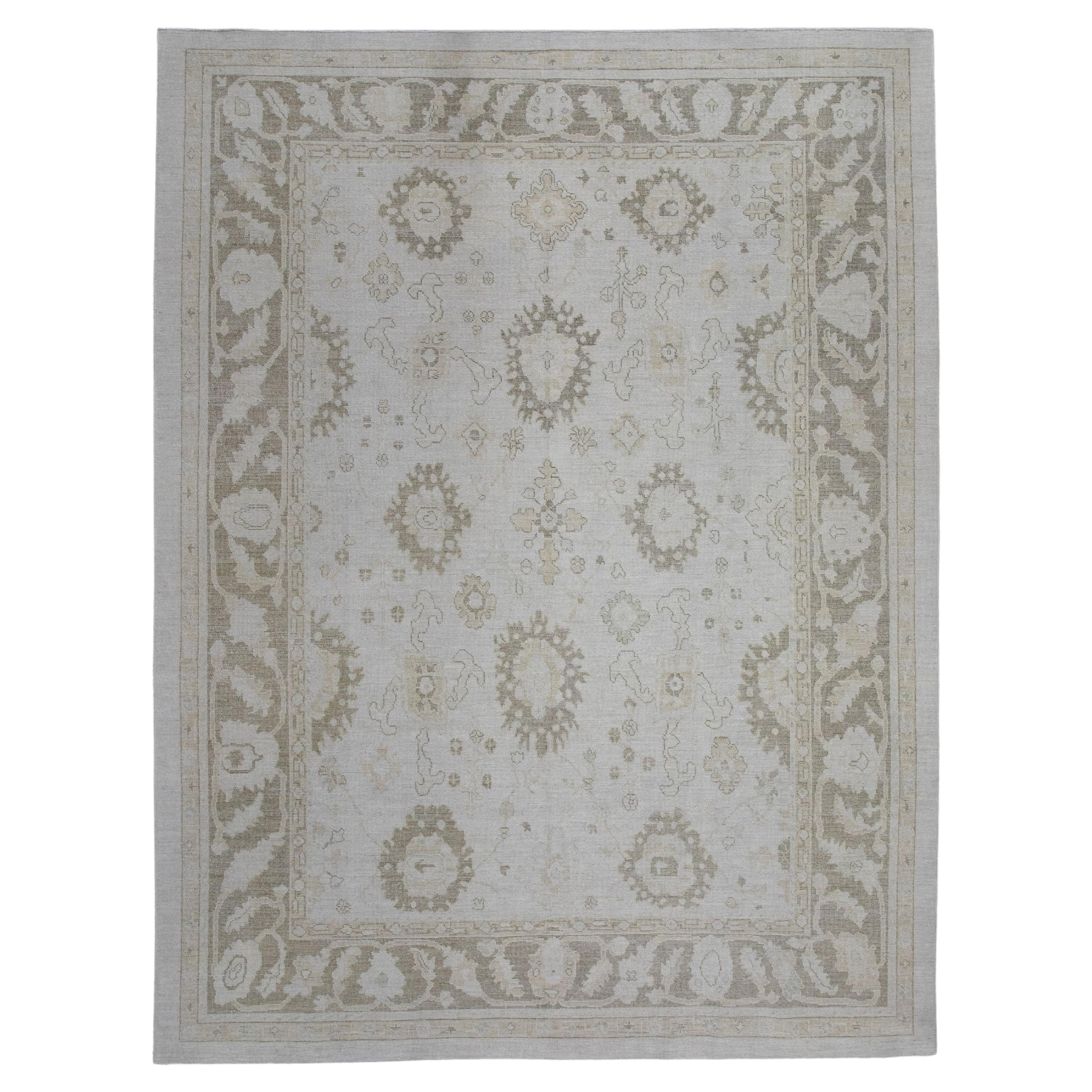 White & Green Floral Design Handwoven Wool Turkish Oushak Rug 10' X 13'4" For Sale