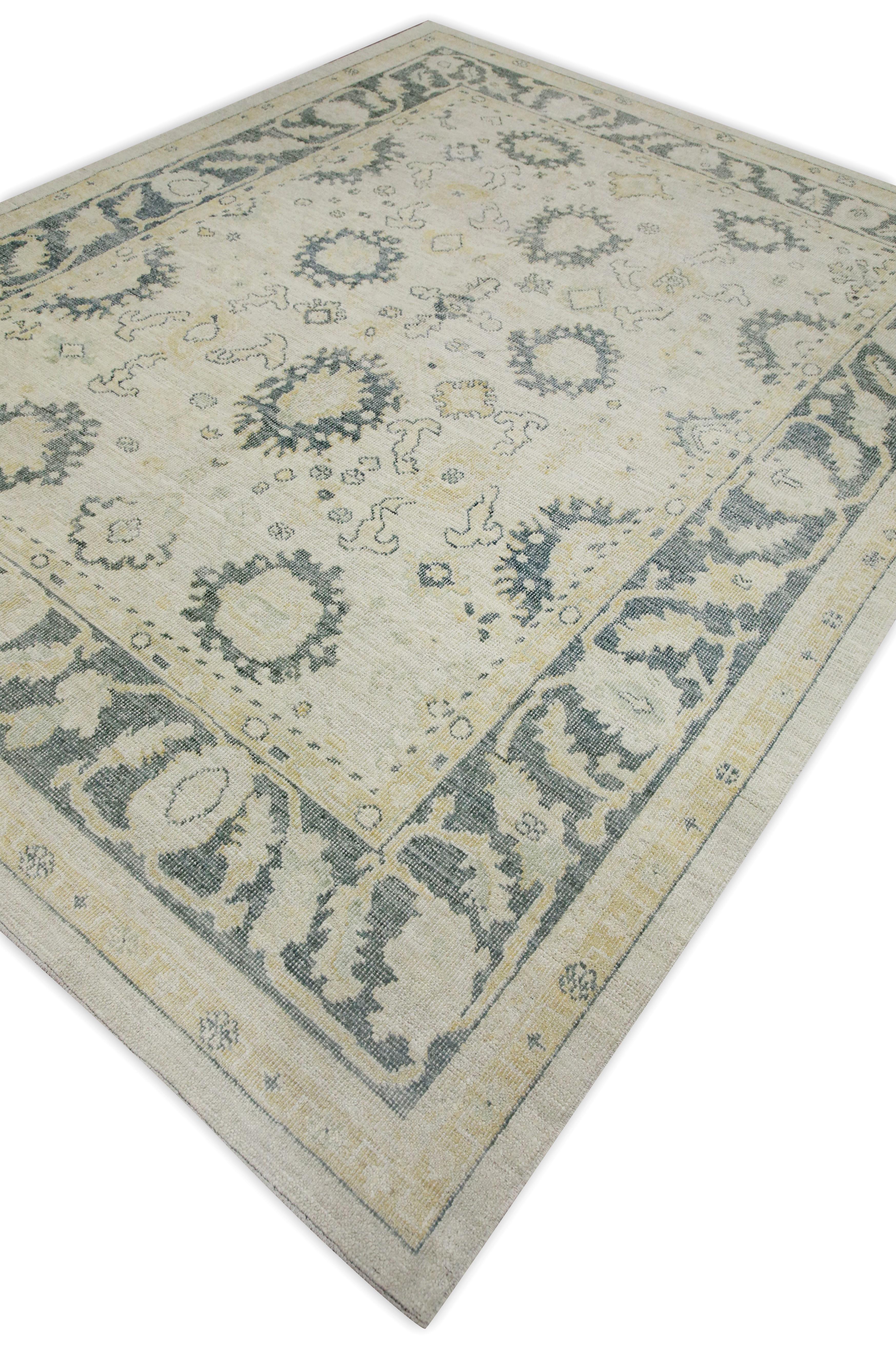 Contemporary White & Green Floral Design Handwoven Wool Turkish Oushak Rug 7'9
