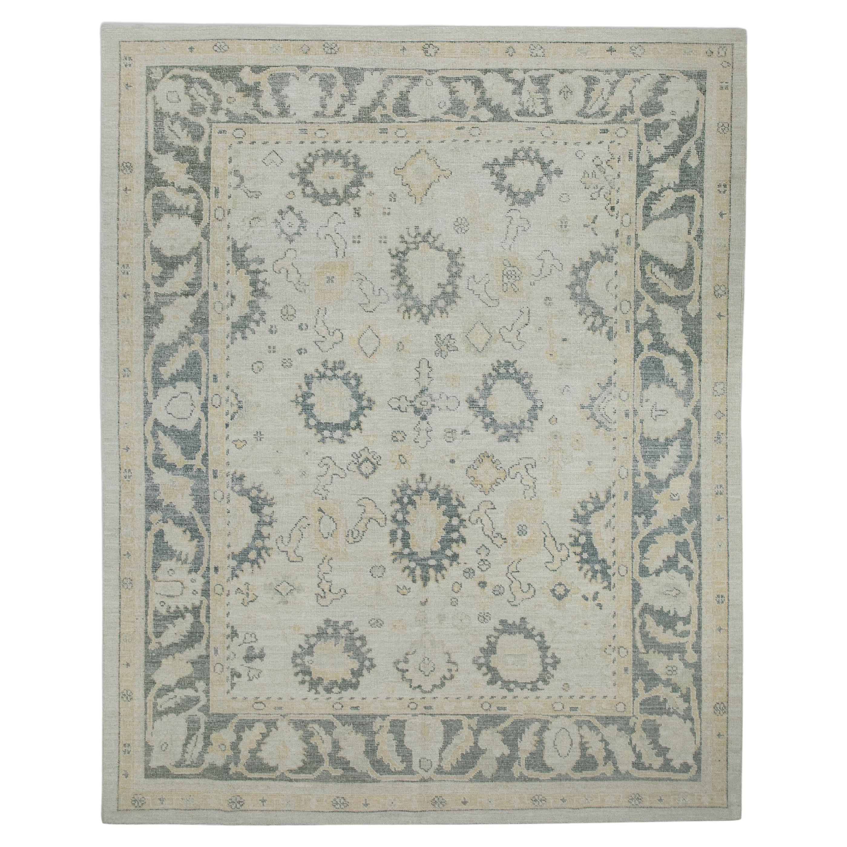 White & Green Floral Design Handwoven Wool Turkish Oushak Rug 7'9" x 9'7" For Sale