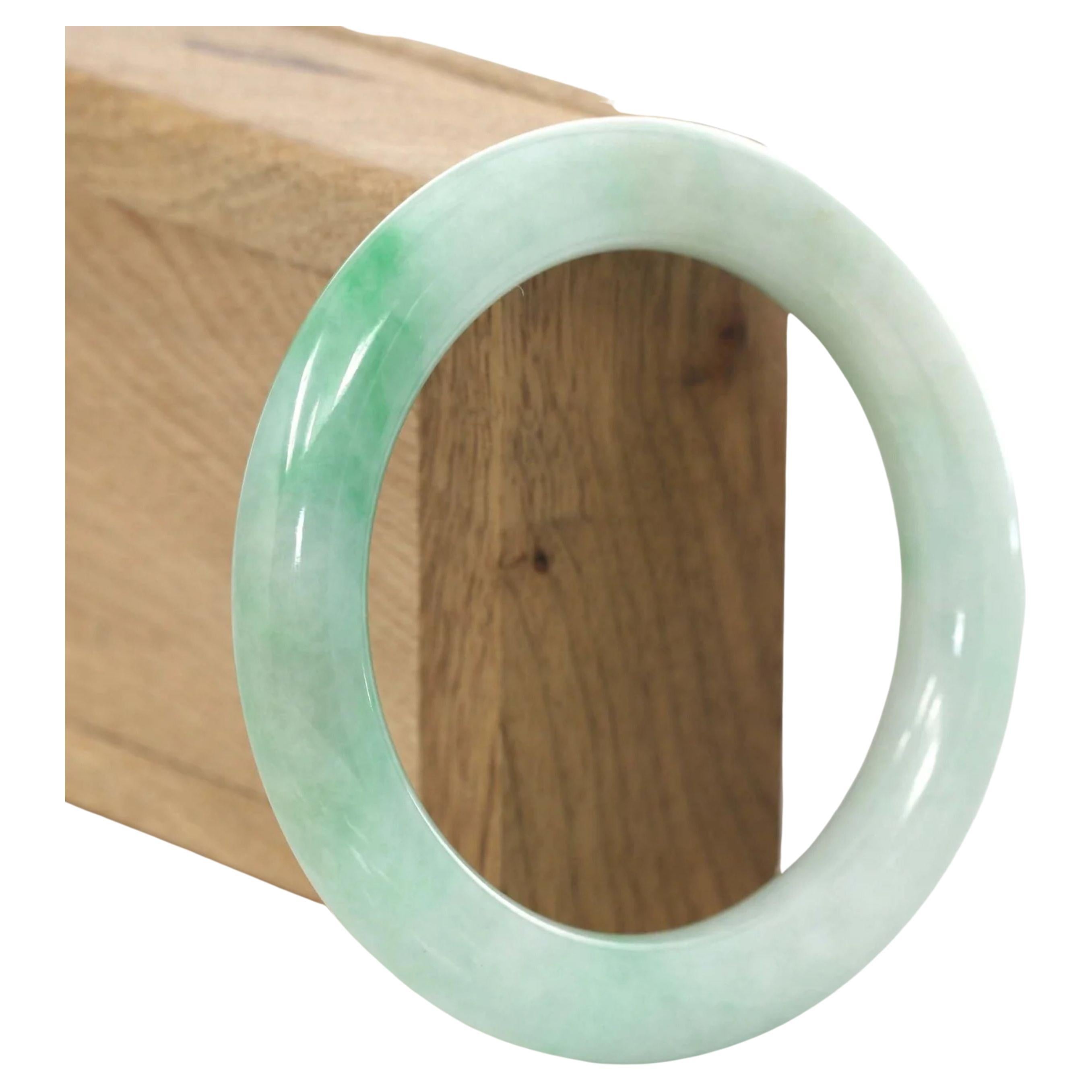 White- Green Genuine Burmese Jadeite Jade Round Bangle Bracelet #620 For Sale