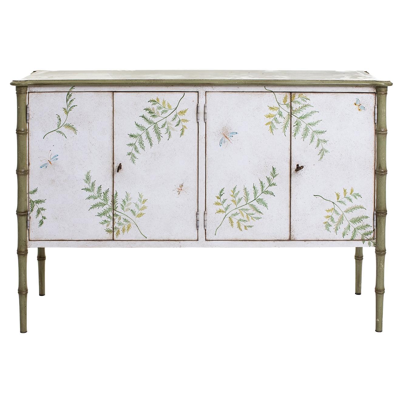White-Green Lombardia Bamboo Cabinet with Ferns and Butterflies For Sale
