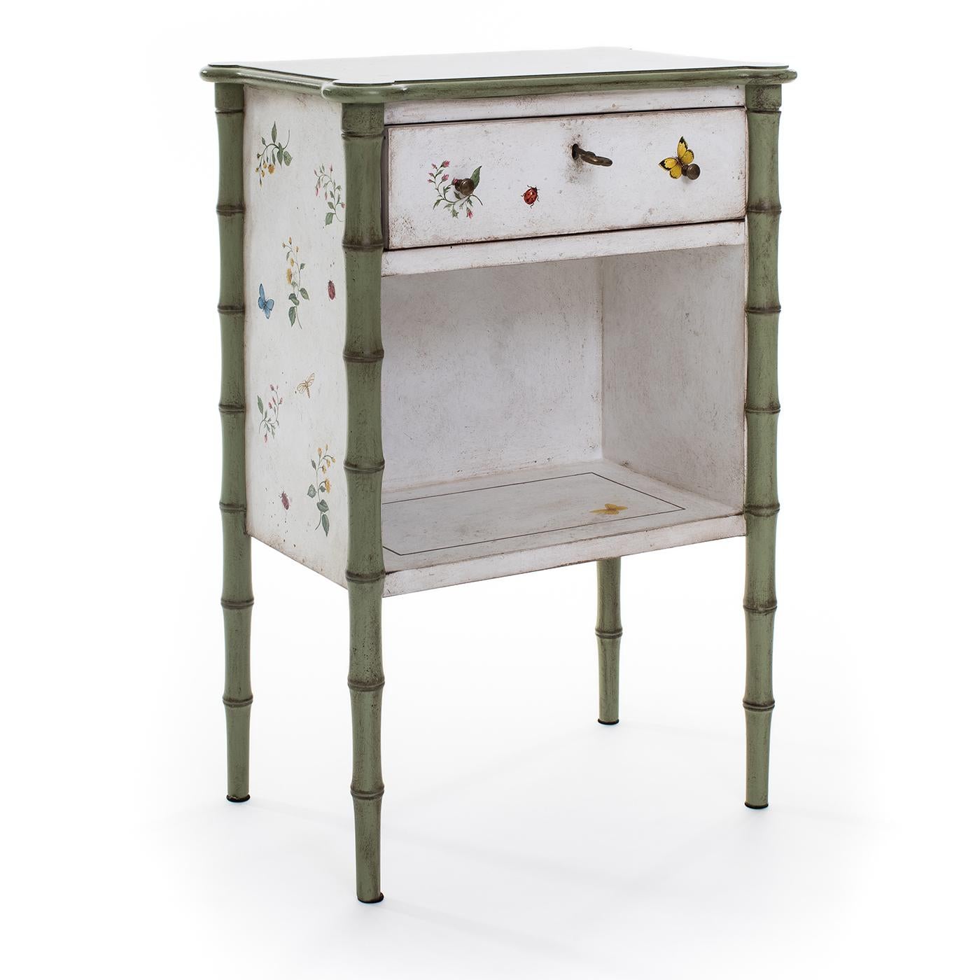 Italian White-Green Lombardia Bamboo Nightstand with Butterflies For Sale