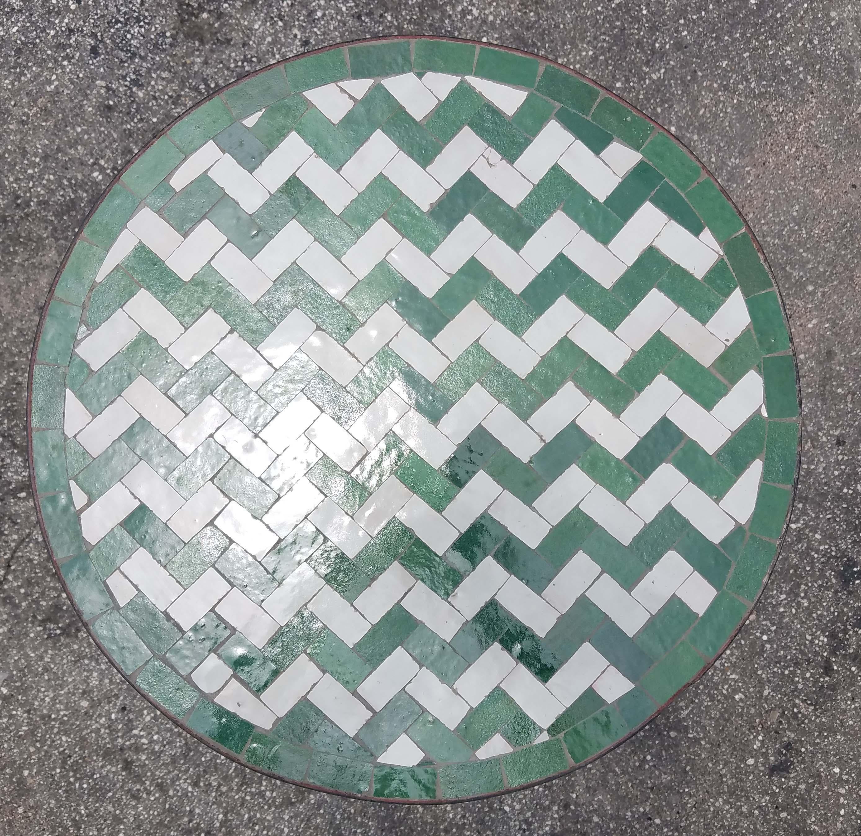 White / Green Moroccan Mosaic Table, Herringbone For Sale 1