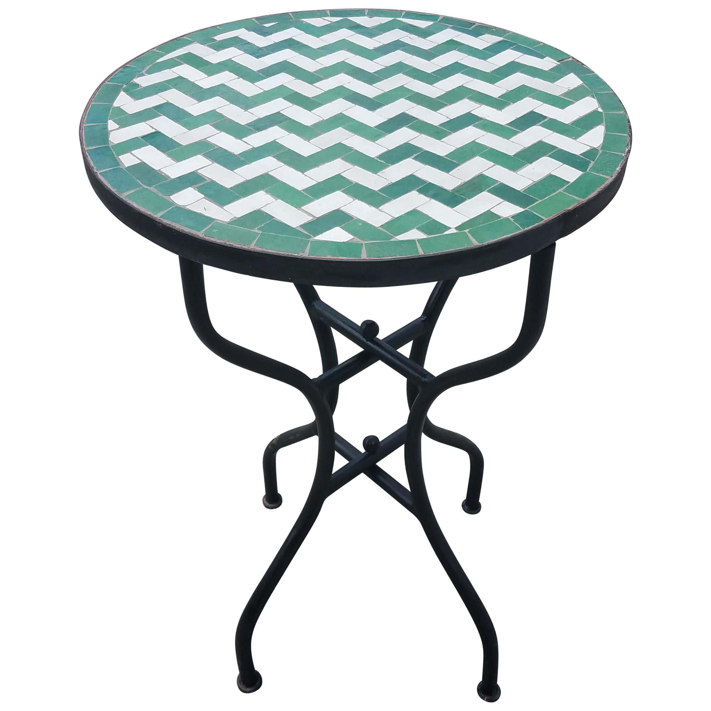 White / Green Moroccan Mosaic Table, Herringbone For Sale