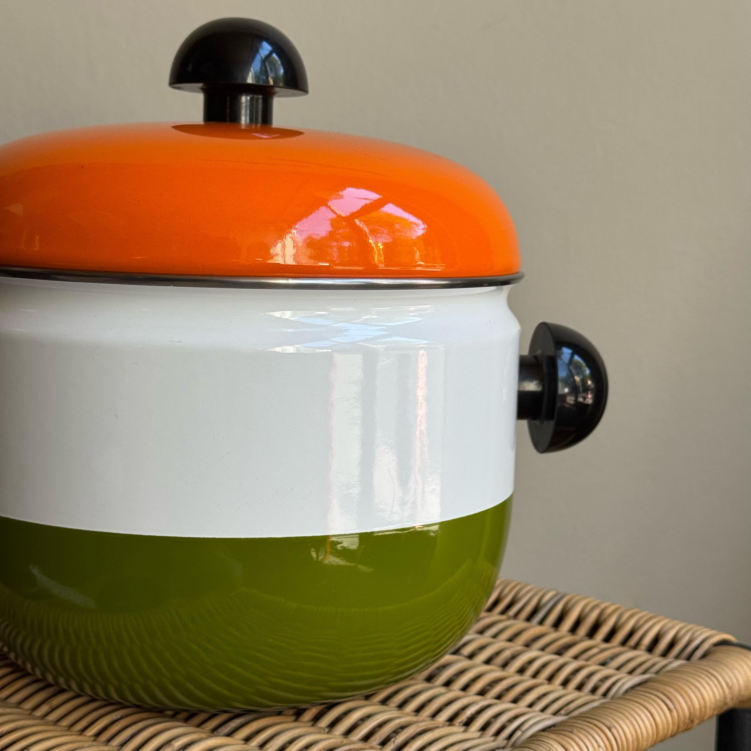 Mid-Century Modern White, Green & Orange Enamel Pot/ Carl Auböck III/ Riess, 1970s For Sale