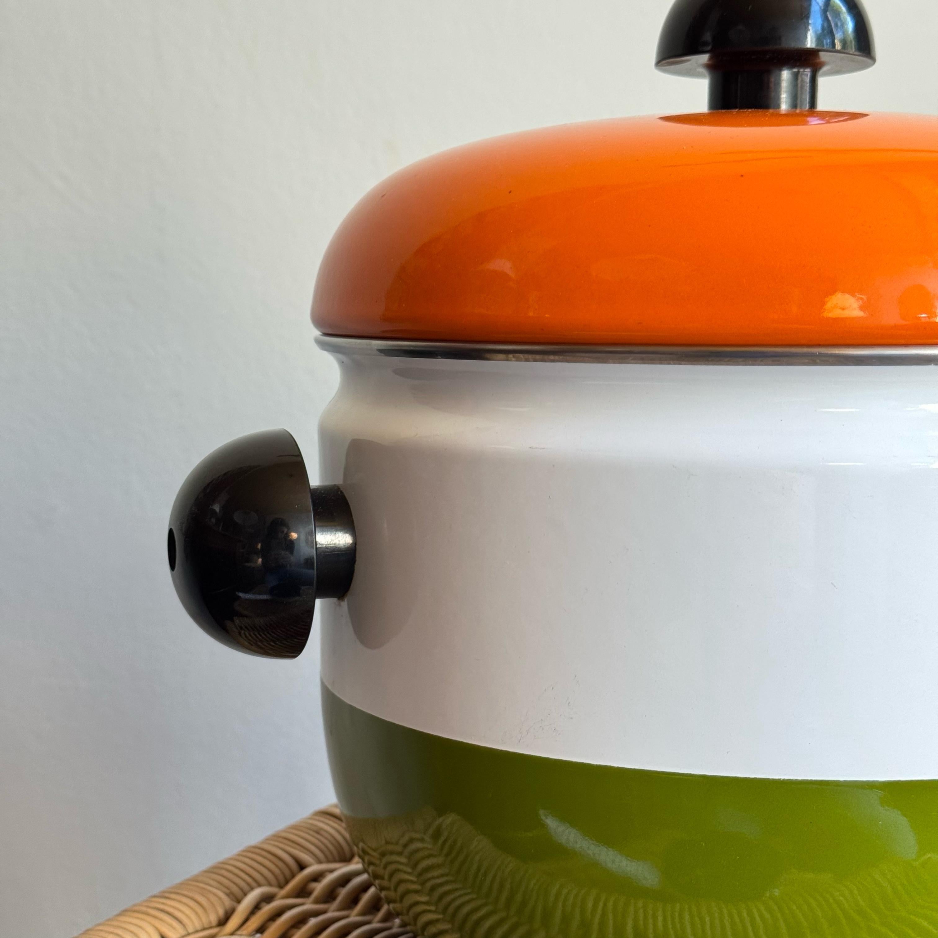 Austrian White, Green & Orange Enamel Pot/ Carl Auböck III/ Riess, 1970s For Sale