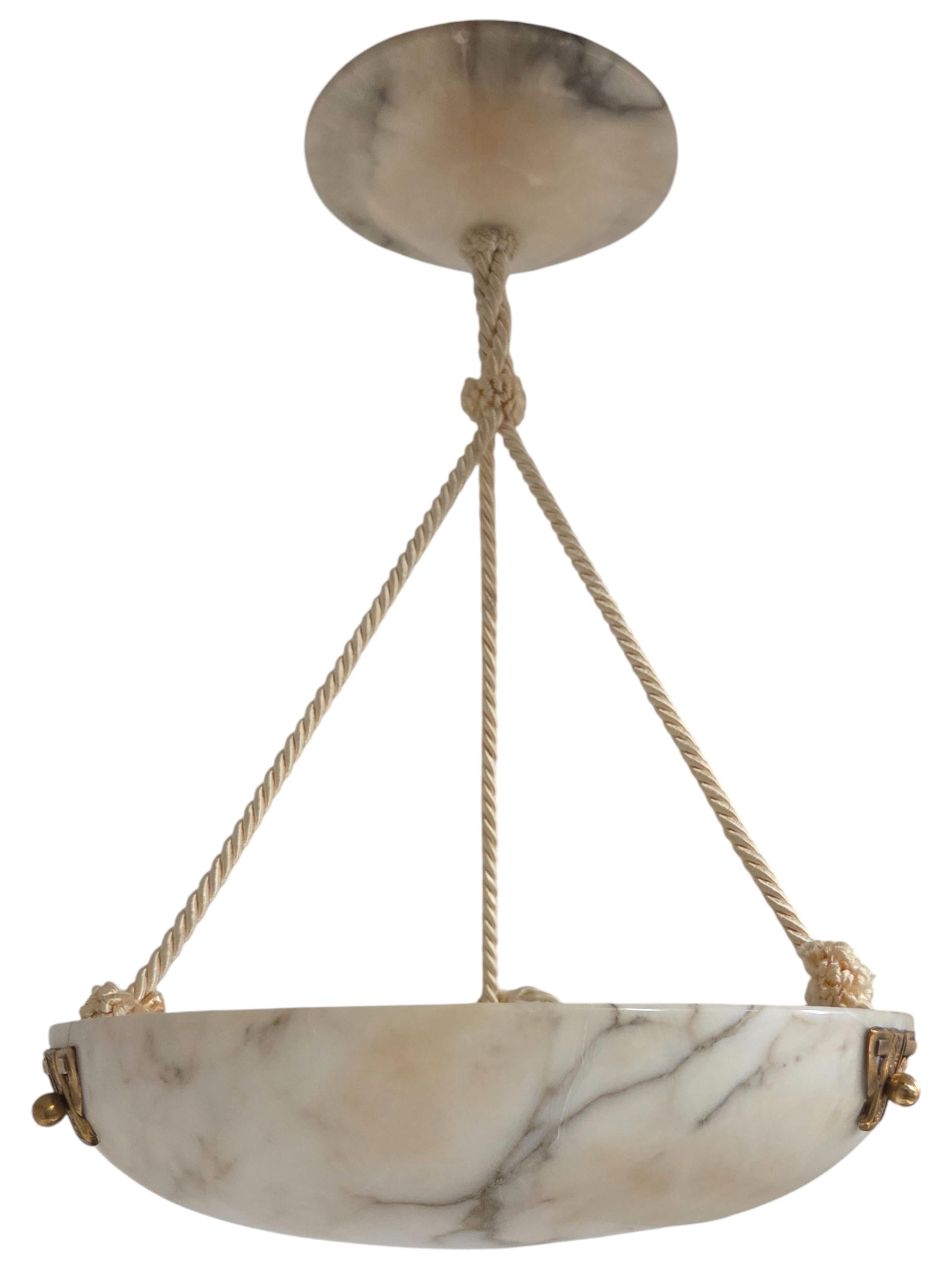 White + grey alabaster coupe w/ original alabaster canopy and decorative mounts For Sale 3