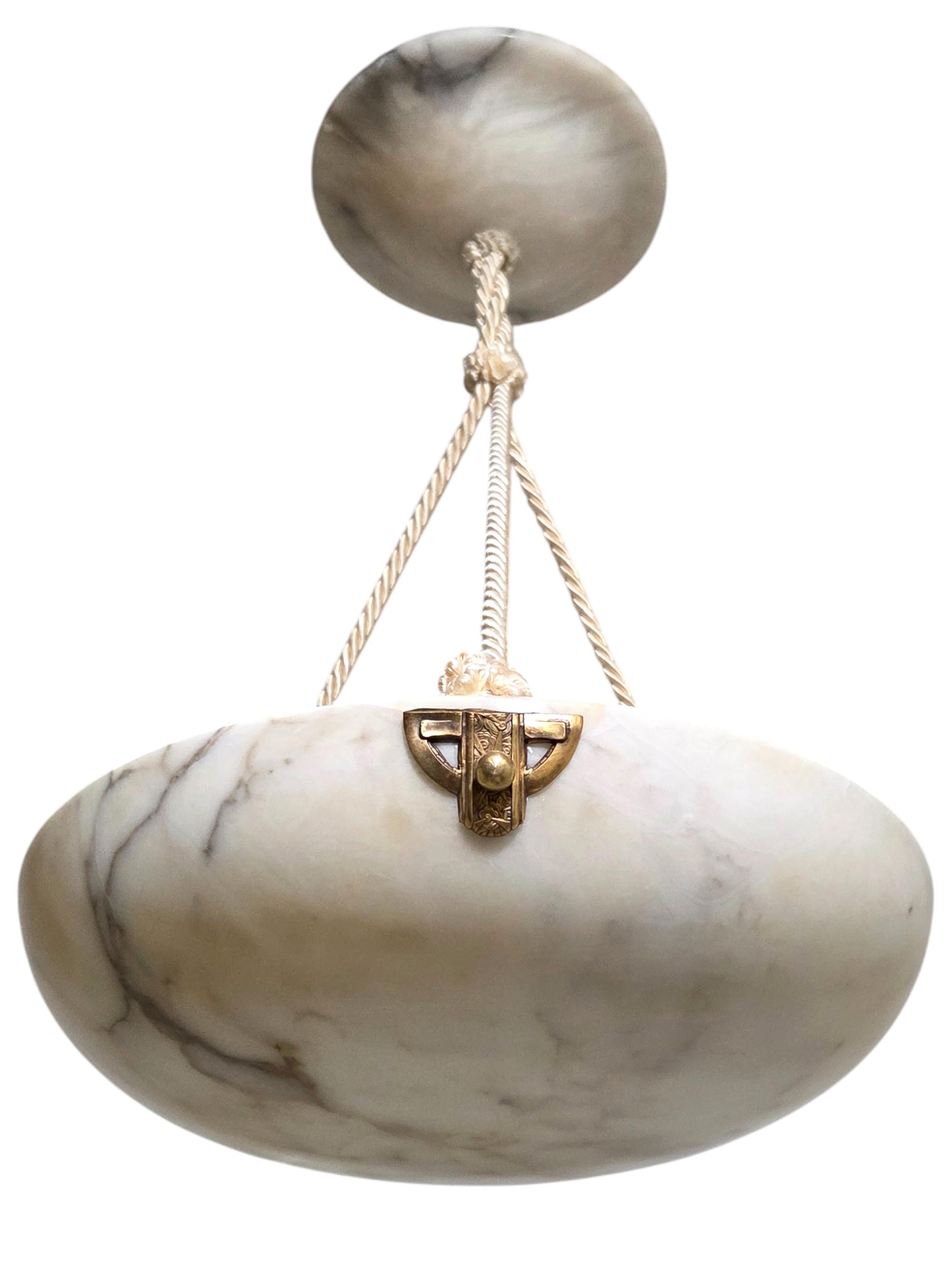 Hand-Carved White + grey alabaster coupe w/ original alabaster canopy and decorative mounts For Sale