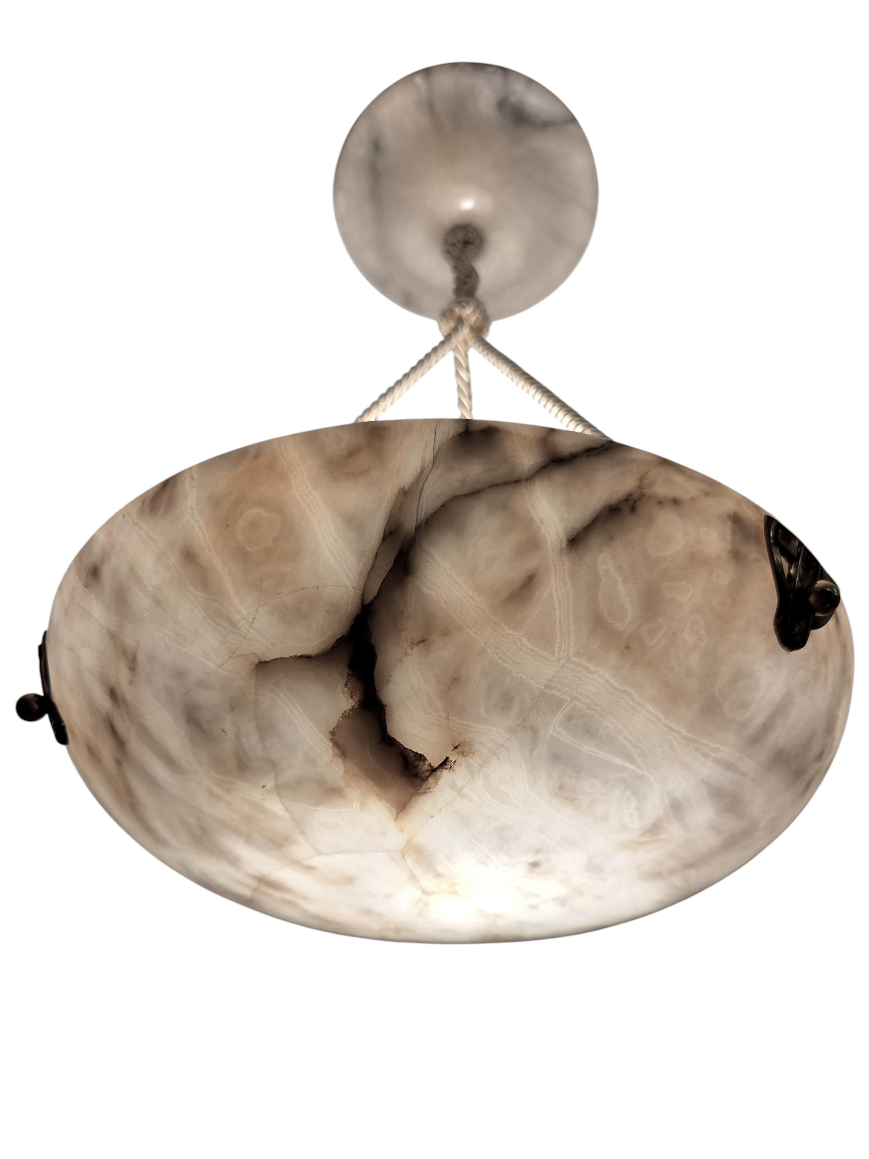 White + grey alabaster coupe w/ original alabaster canopy and decorative mounts For Sale 1