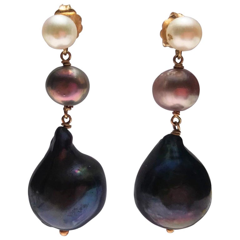 White, Grey and Black Pearl Dangle Earrings with 14 Karat Gold by ...