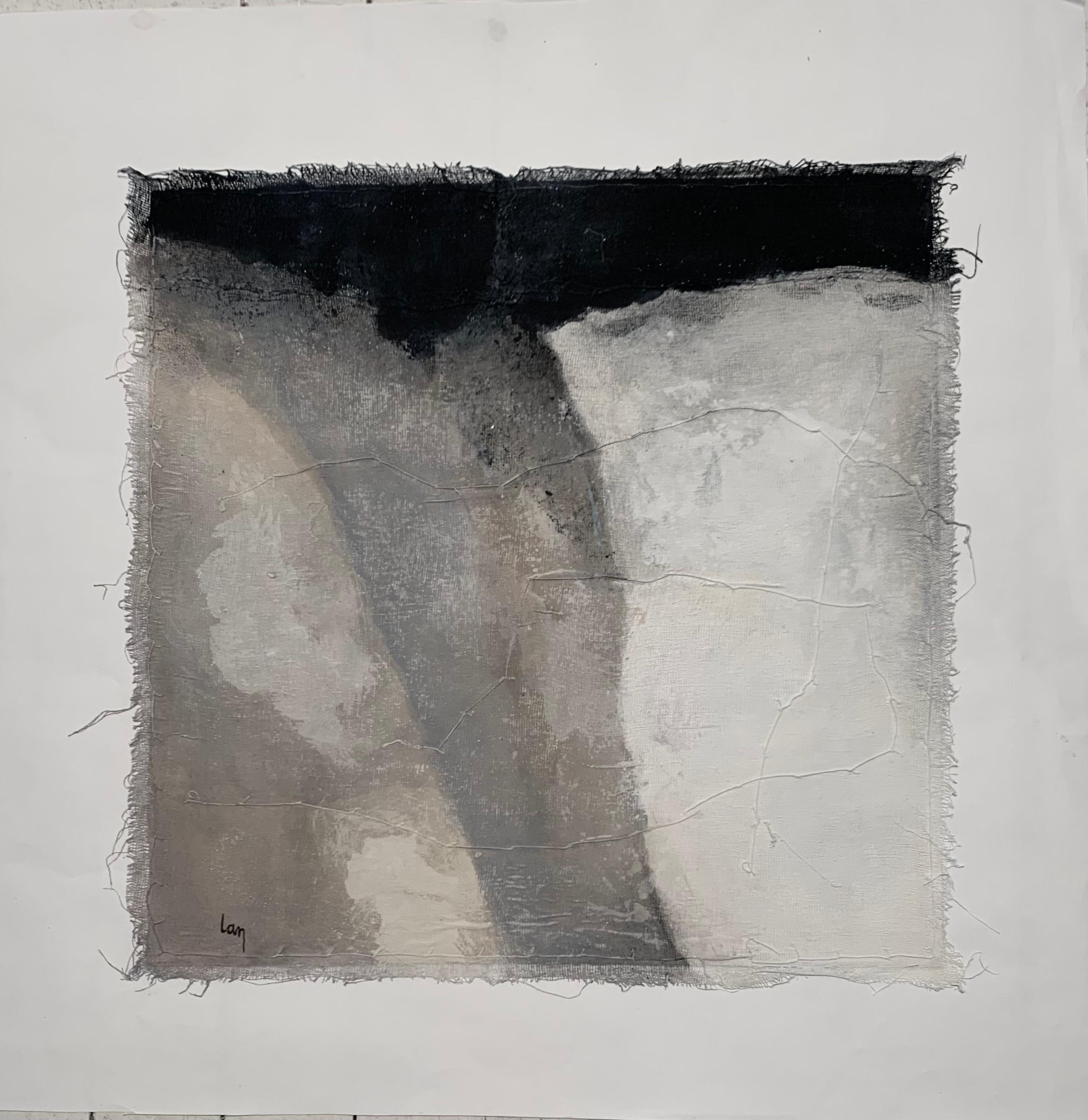 Contemporary Belgian artist Diane Petry creates her own three layer canvas using pima cotton, gauze and fine paper.
Colors are white, grey with horizontal black band at the top.
Raw edges and applied threads add texture and dimension to the