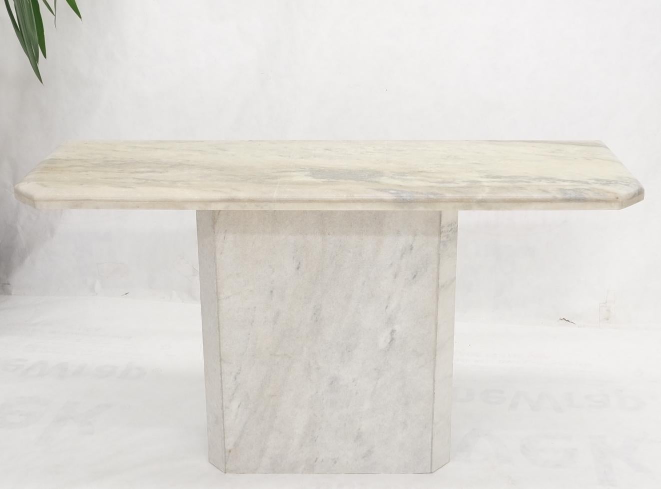 Mid-Century Modern white and gray Carrara marble single pedestal base console sofa table.