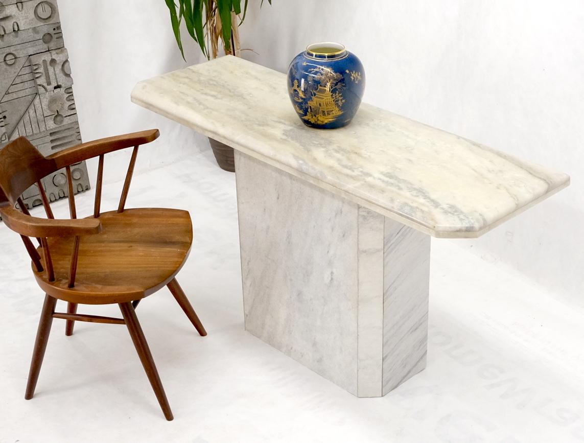 Mid-Century Modern White & Grey Carrara Marble Single Pedestal Console Sofa Table For Sale