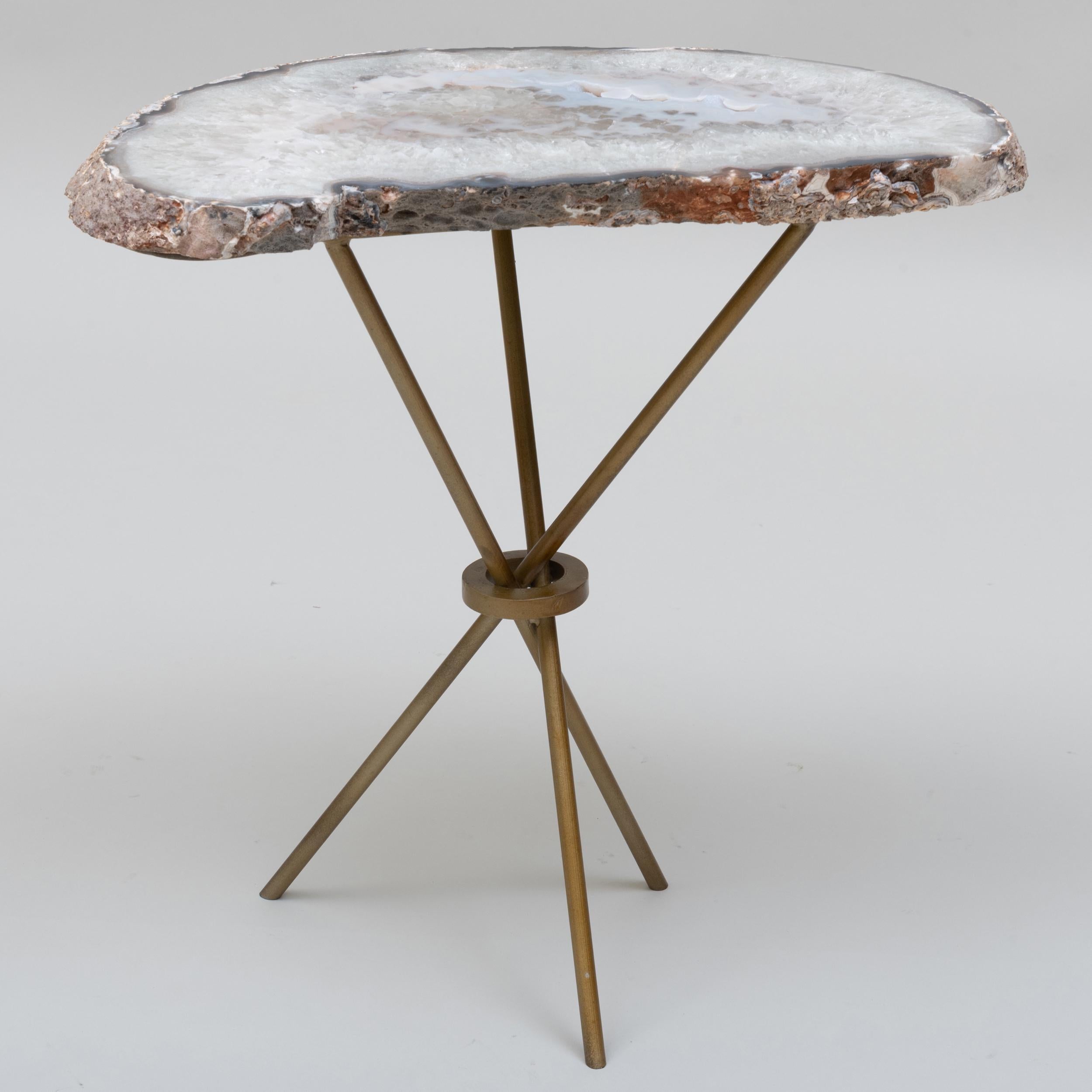 Bronze finished tripod side table with a polished natural Geode slab featuring white, grey and cream crystal inclusions/formations.