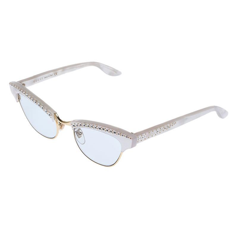  White/Grey Crystal Embellished GG0153/S Clubmaster Cat Eye Sunglasses 4