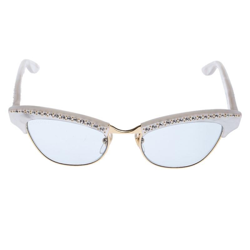 Women's  White/Grey Crystal Embellished GG0153/S Clubmaster Cat Eye Sunglasses