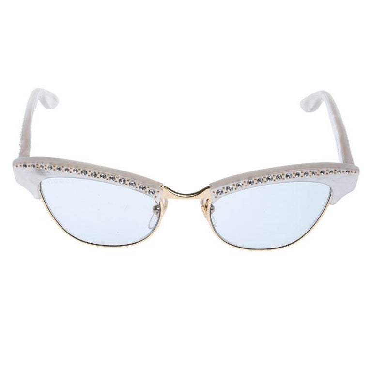 White Grey Crystal Embellished Gg0153 S Clubmaster Cat Eye Sunglasses For Sale At 1stdibs