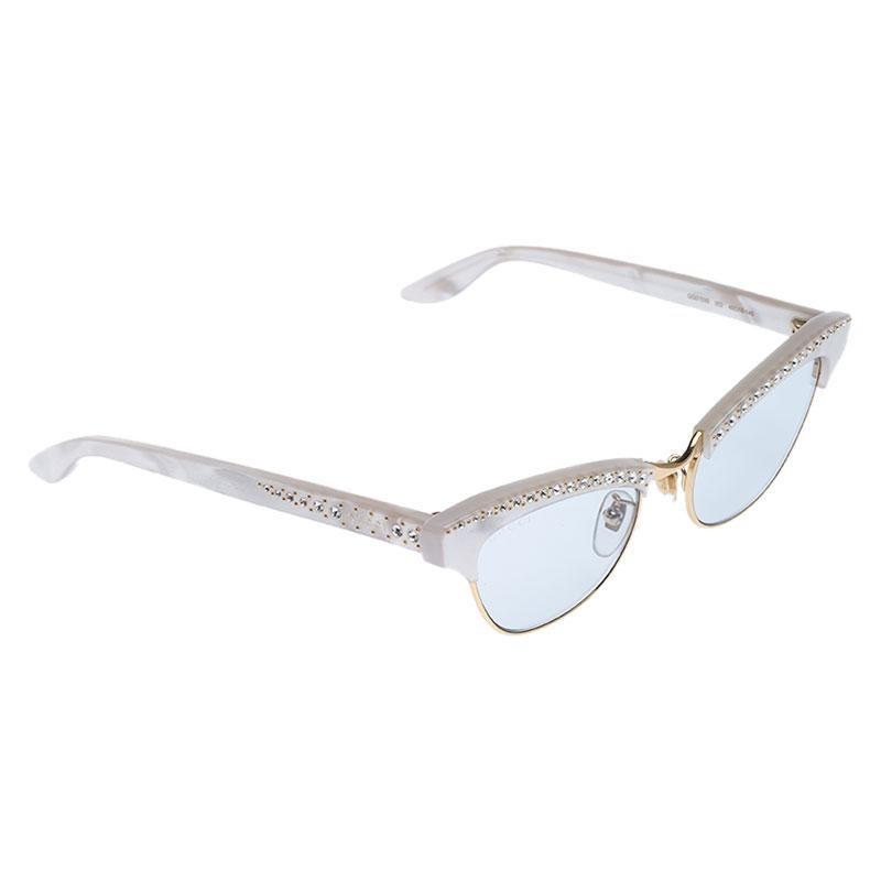  White/Grey Crystal Embellished GG0153/S Clubmaster Cat Eye Sunglasses 1