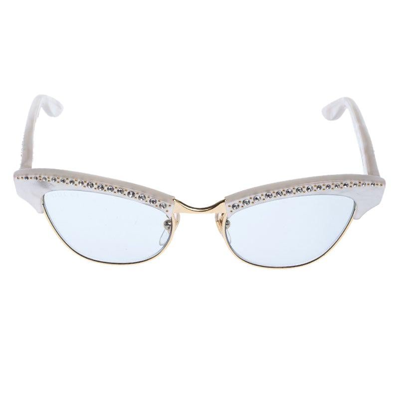  White/Grey Crystal Embellished GG0153/S Clubmaster Cat Eye Sunglasses