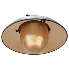White Grey Enamel Vintage Industrial Cast Iron Holophane Glass Pendant Lamp