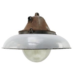 White Grey Enamel Vintage Industrial Cast Iron Holophane Glass Pendant Lamp