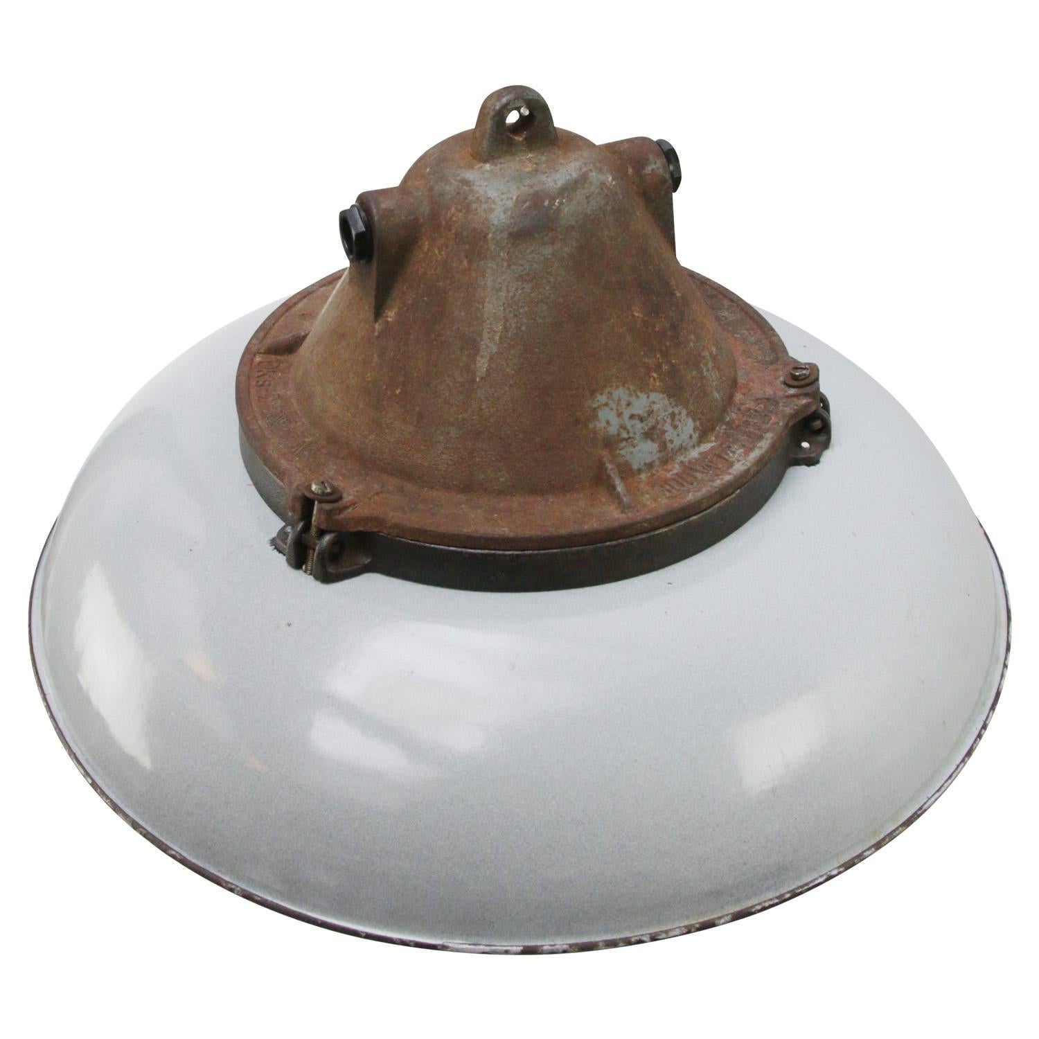 Polish White Grey Enamel Vintage Industrial Cast Iron Holophane Glass Pendant Lamp