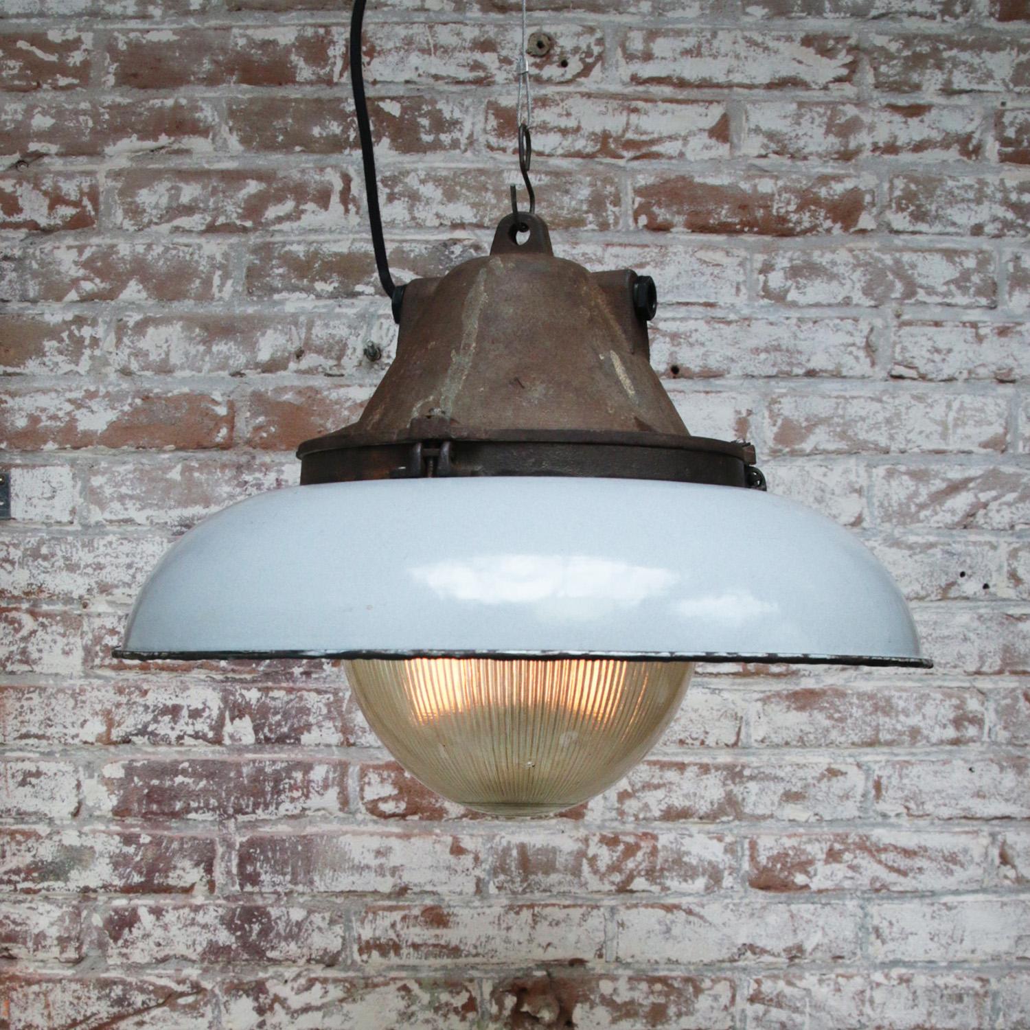 20th Century White Grey Enamel Vintage Industrial Cast Iron Holophane Glass Pendant Lamp