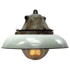 White Grey Enamel Vintage Industrial Cast Iron Holophane Glass Pendant Lamp White Grey Enamel Vintage Industrial Cast Iron Holophane Glass Pendant Lamp