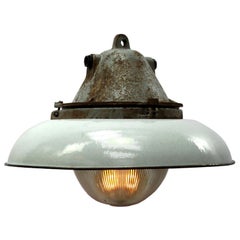 White Grey Enamel Vintage Industrial Cast Iron Holophane Glass Pendant Lamp White Grey Enamel Vintage Industrial Cast Iron Holophane Glass Pendant Lamp