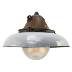 White Grey Enamel Vintage Industrial Cast Iron Holophane Glass Pendant Lamp White Grey Enamel Vintage Industrial Cast Iron Holophane Glass Pendant Lamp