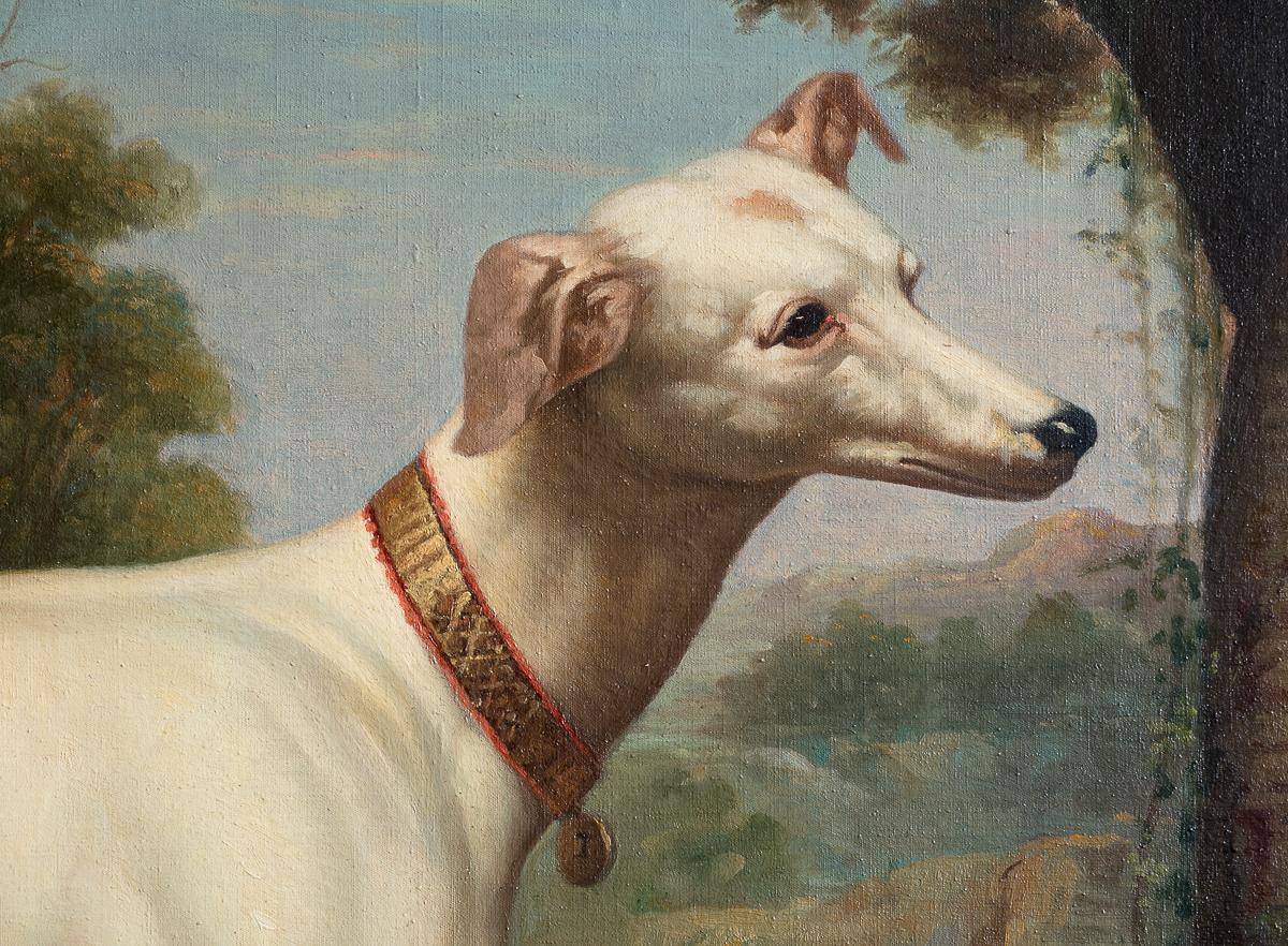 White Greyhound in a Pastoral Landscape, Oil on Canvas Painting, 18th Century In Good Condition For Sale In London, GB