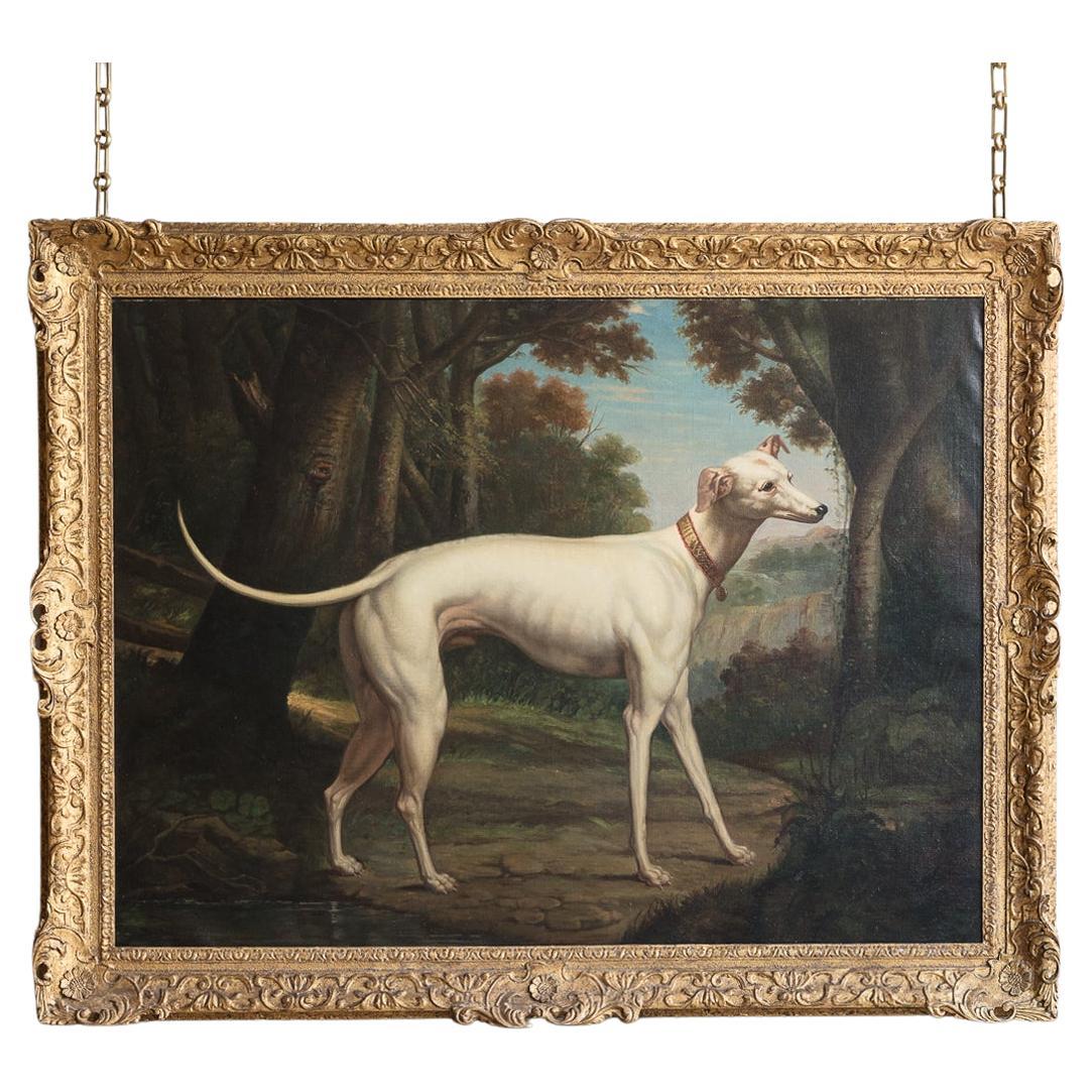White Greyhound in a Pastoral Landscape, Oil on Canvas Painting, 18th Century